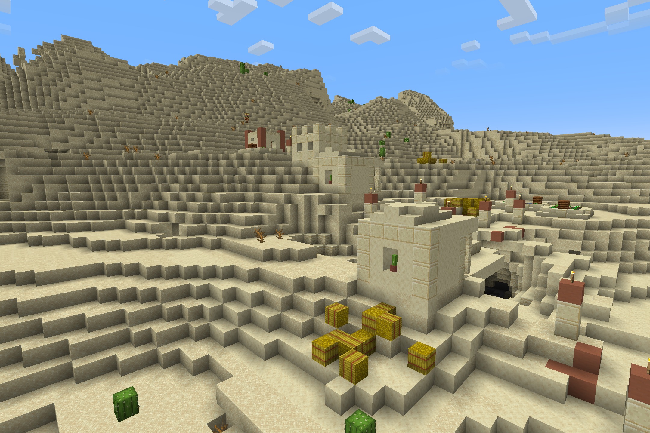 Maxgyro Ultimate Pvp Resource Pack (1.21.11, 1.21.1) – Sharp Black And Crimson 6 Sandstone desert village with hay bales and cacti under a clear sky