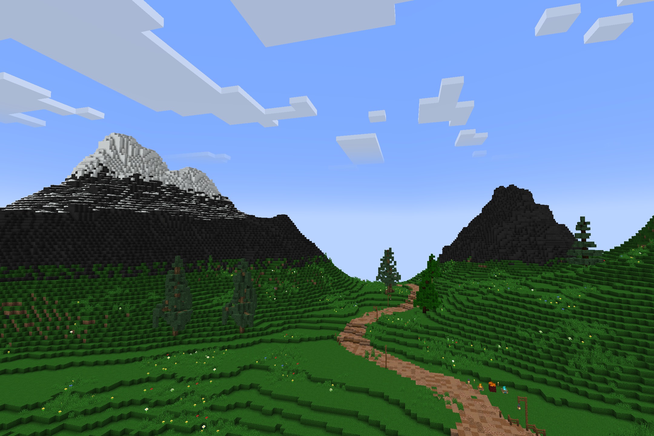 Maxgyro Ultimate Pvp Resource Pack (1.21.11, 1.21.1) – Sharp Black And Crimson 7 Green valley with a dirt path leading toward snowy mountain peaks