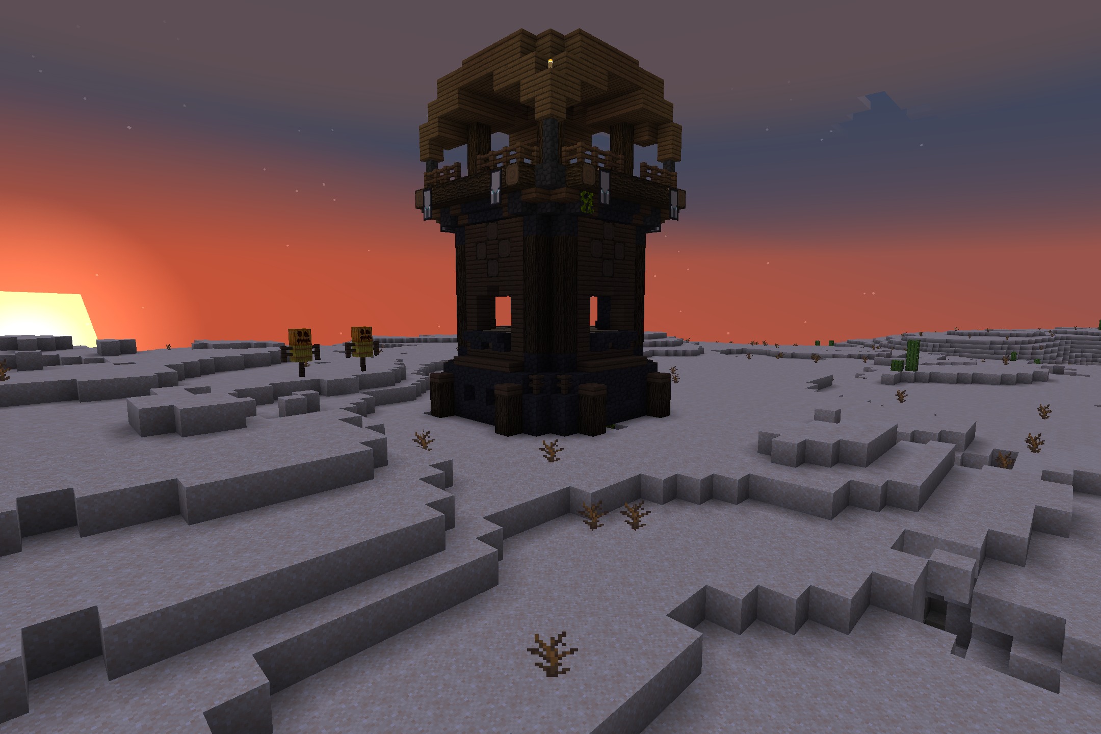 Maxgyro Ultimate Pvp Resource Pack (1.21.11, 1.21.1) – Sharp Black And Crimson 8 Pillager outpost stands in a snowy desert landscape during a vibrant sunset
