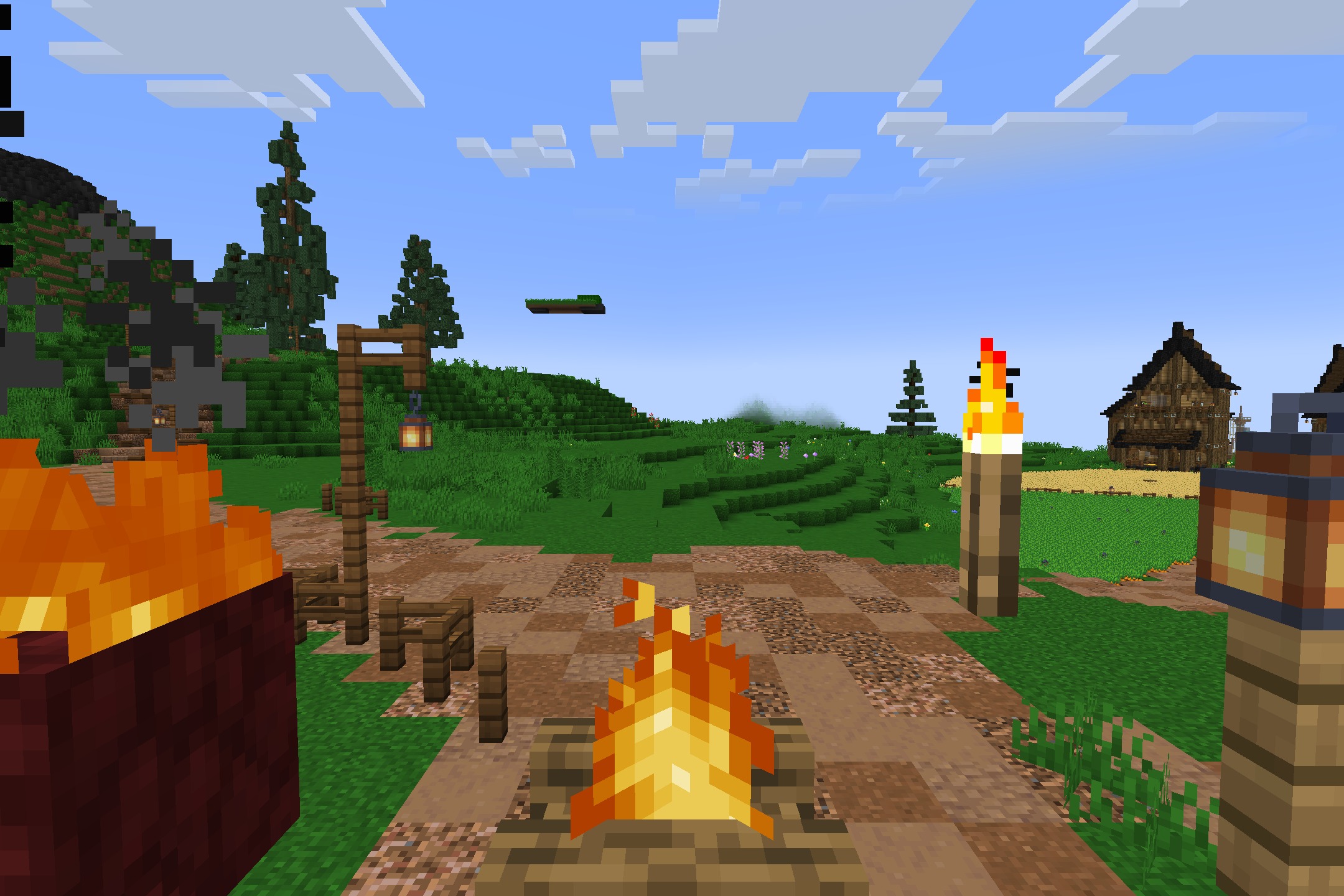 Maxgyro Ultimate Pvp Resource Pack (1.21.11, 1.21.1) – Sharp Black And Crimson 9 Campfires and torches light up a grassy path near a small village