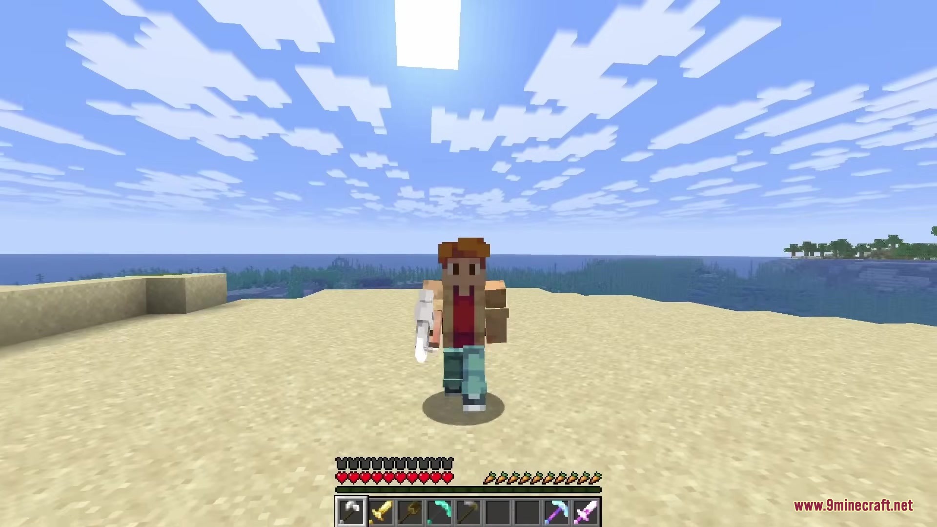 Mlc Better Gear Resource Pack (1.21.10) – Epic 3D Weapons With Visible 2 Minecraft player showcasing the mlc better gear resource pack on a beach