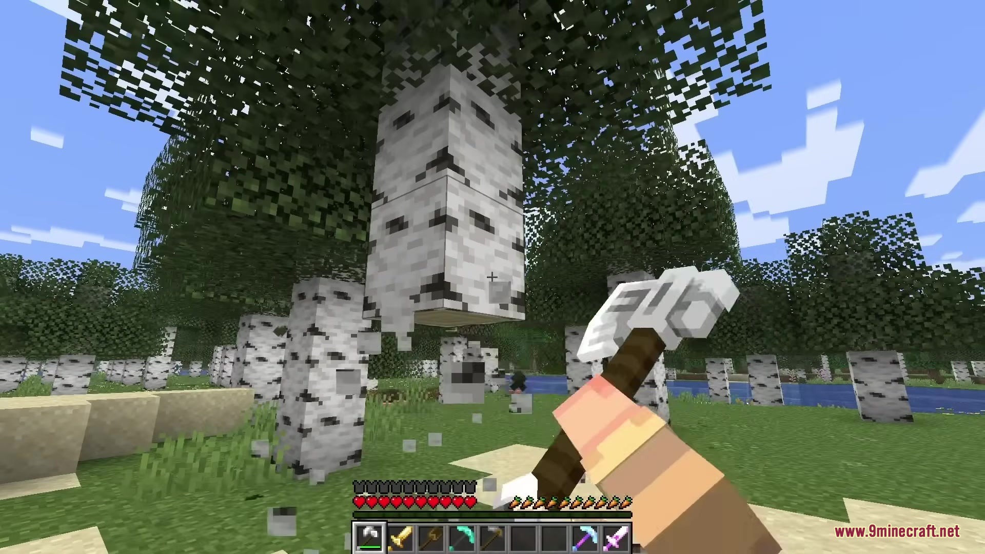 Mlc Better Gear Resource Pack (1.21.10) – Epic 3D Weapons With Visible 4 Player chopping a birch tree with a detailed 3d white axe in hand