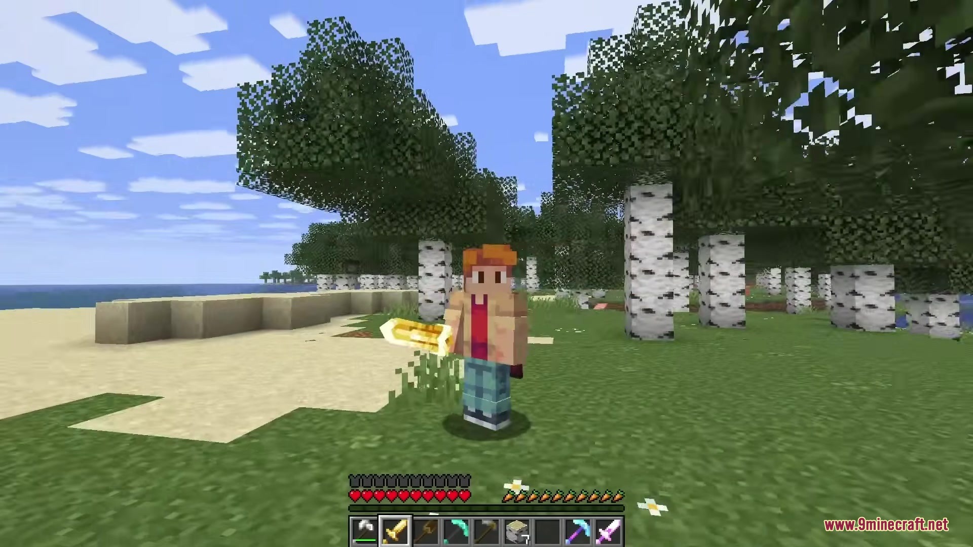 Mlc Better Gear Resource Pack (1.21.10) – Epic 3D Weapons With Visible 5 A player character holding a glowing 3d golden sword in a birch forest