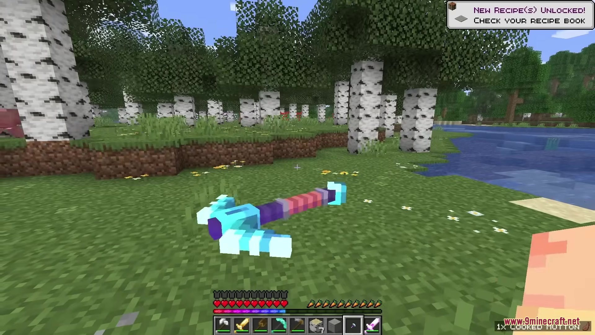 Mlc Better Gear Resource Pack (1.21.10) – Epic 3D Weapons With Visible 9 A detailed 3d pickaxe item lying on the grass in a forest