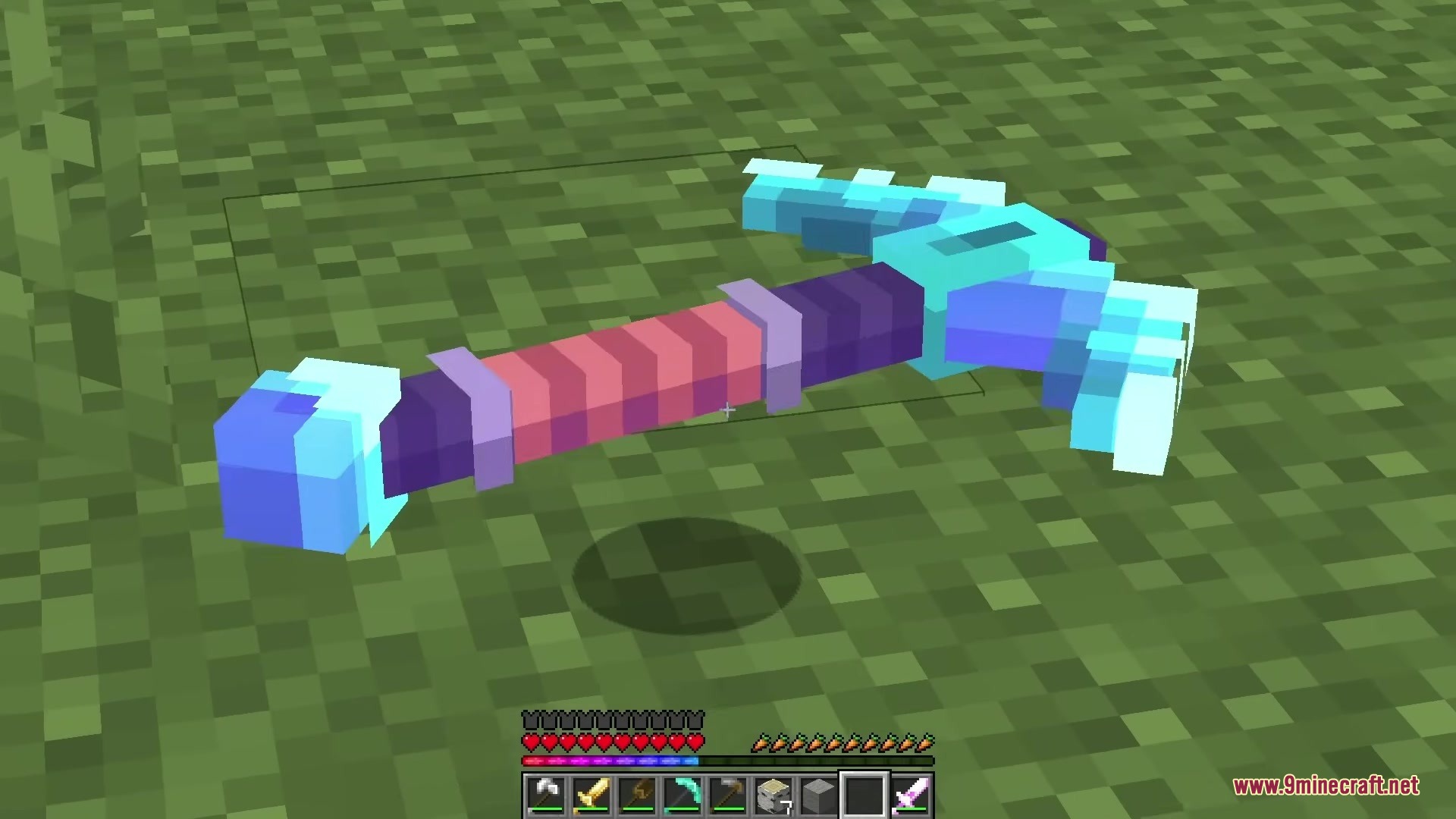 Mlc Better Gear Resource Pack (1.21.10) – Epic 3D Weapons With Visible 10 A detailed 3d diamond pickaxe model lying on the green grass block