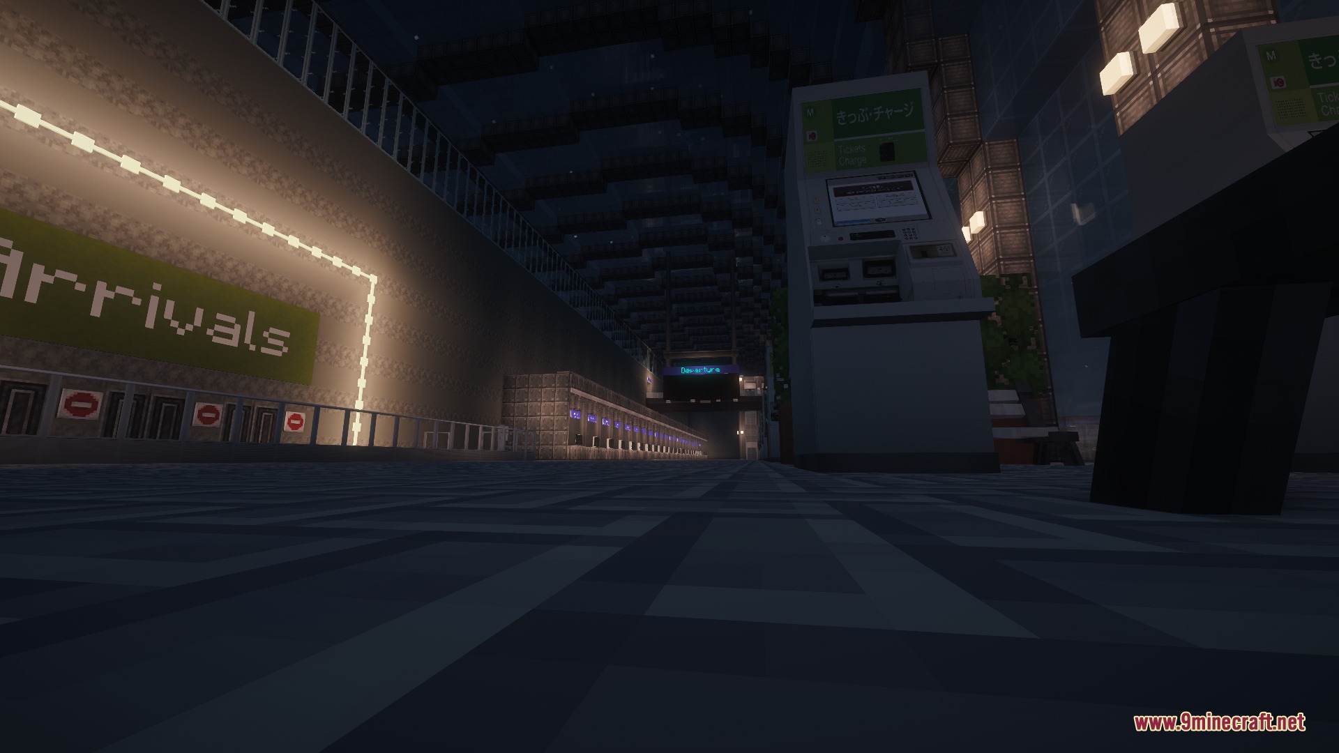 Mtr Japan Ticket Mod (1.20.1) – Tap Ic Cards And Run Realistic Metro Station 3 A transit station lobby with an arrivals sign and ticketing kiosk