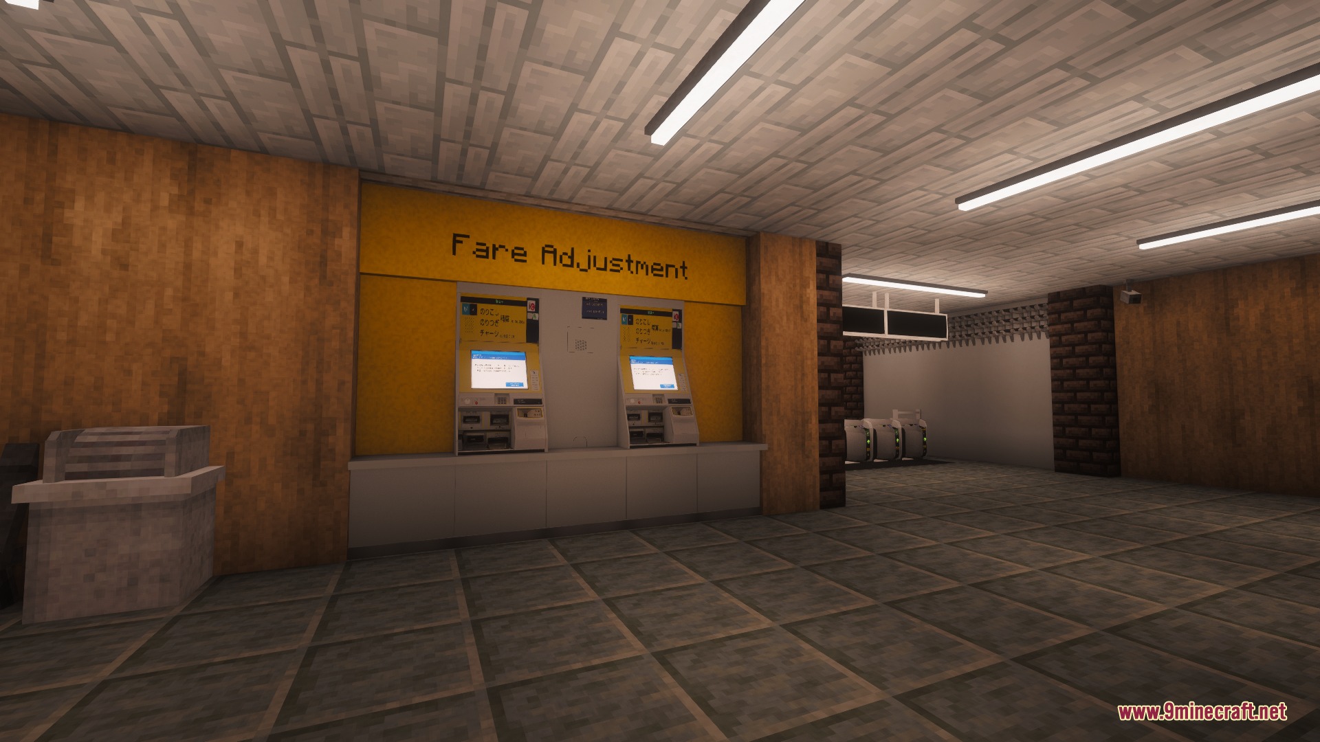 Mtr Japan Ticket Mod (1.20.1) – Tap Ic Cards And Run Realistic Metro Station 6 Two interactive fare adjustment machines placed under a yellow sign in a station