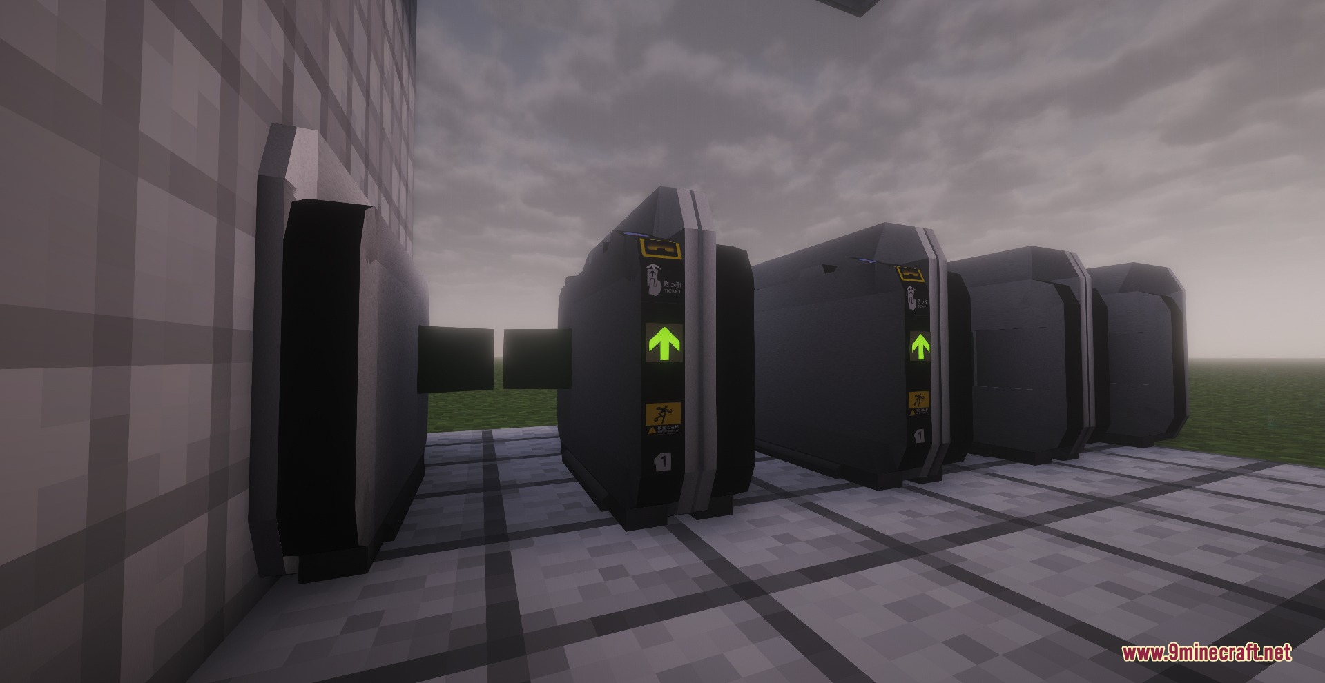 Mtr Japan Ticket Mod (1.20.1) – Tap Ic Cards And Run Realistic Metro Station 8 Row of japanese style ticket gates with green arrows in minecraft