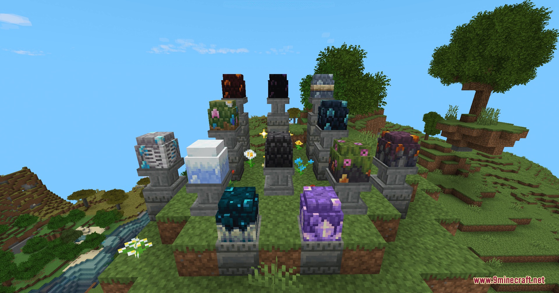 Mandala’s Dragon Mount Refreshed Resource Pack (1.21.11, 1.21.1) 3 Various colorful dragon eggs displayed on stone pedestals in a grassy field