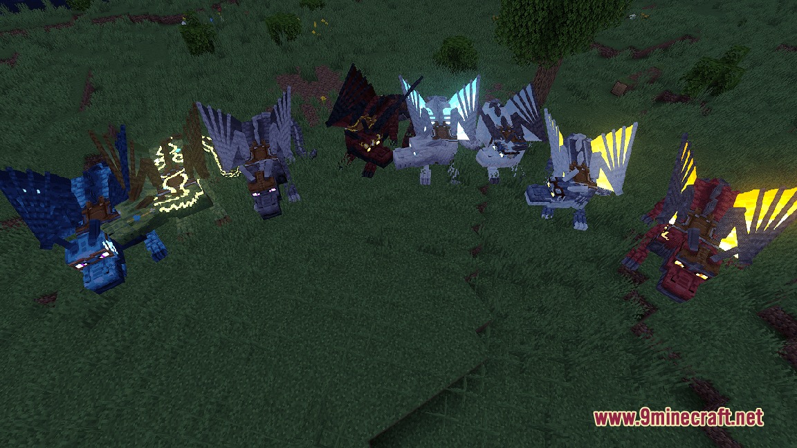 Mandala’s Dragon Mount Refreshed Resource Pack (1.21.11, 1.21.1) 5 A group of colorful dragons standing together in a grassy field at night