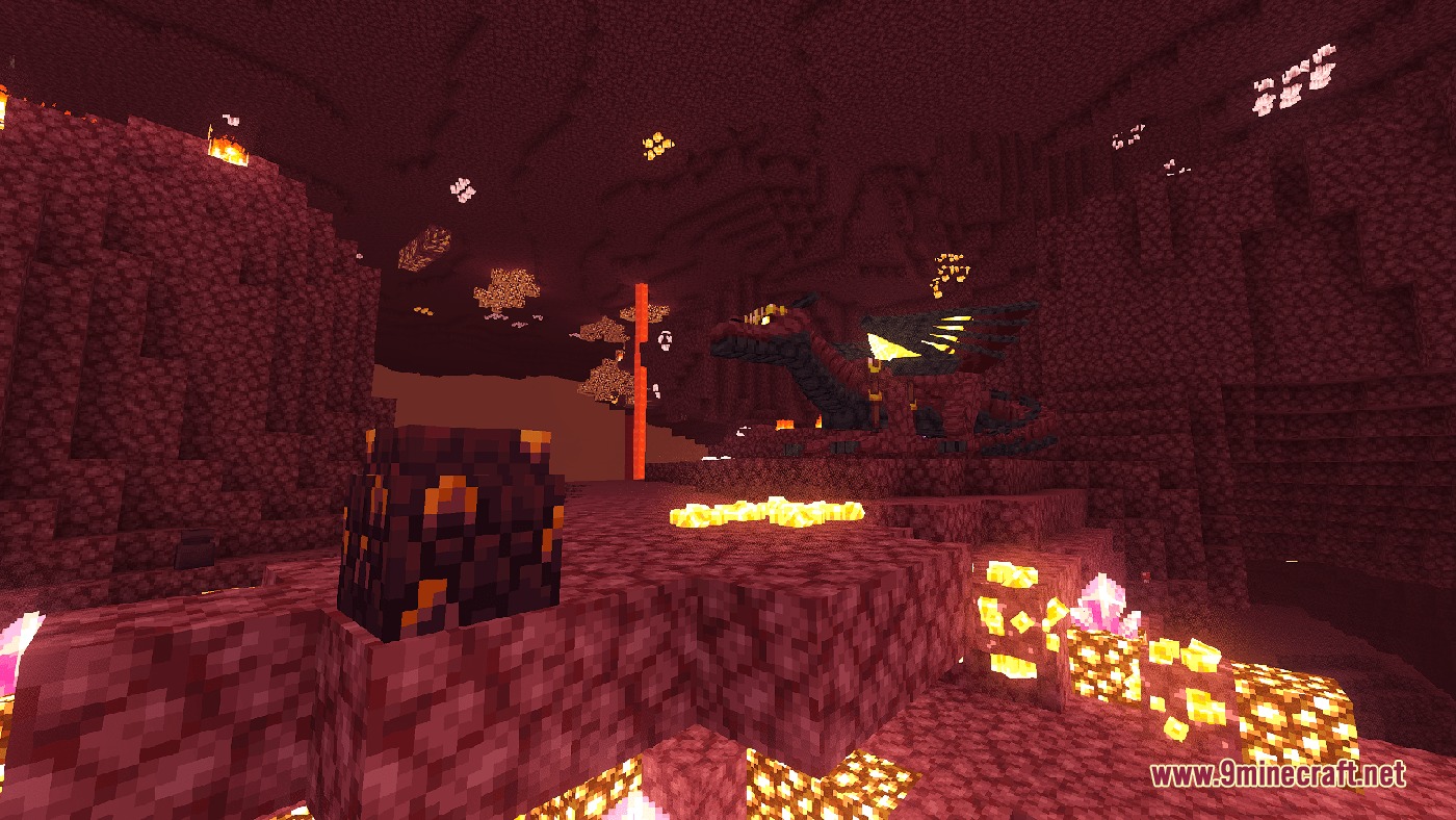 Mandala’s Dragon Mount Refreshed Resource Pack (1.21.11, 1.21.1) 8 Dark dragon with yellow accents sits near a textured egg in the nether