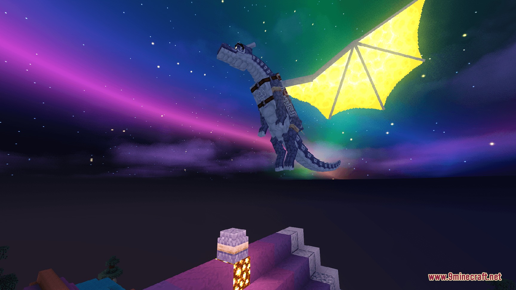 Mandala’s Dragon Mount Refreshed Resource Pack (1.21.11, 1.21.1) 9 Blue dragon with glowing yellow wings flies through a colorful aurora night sky