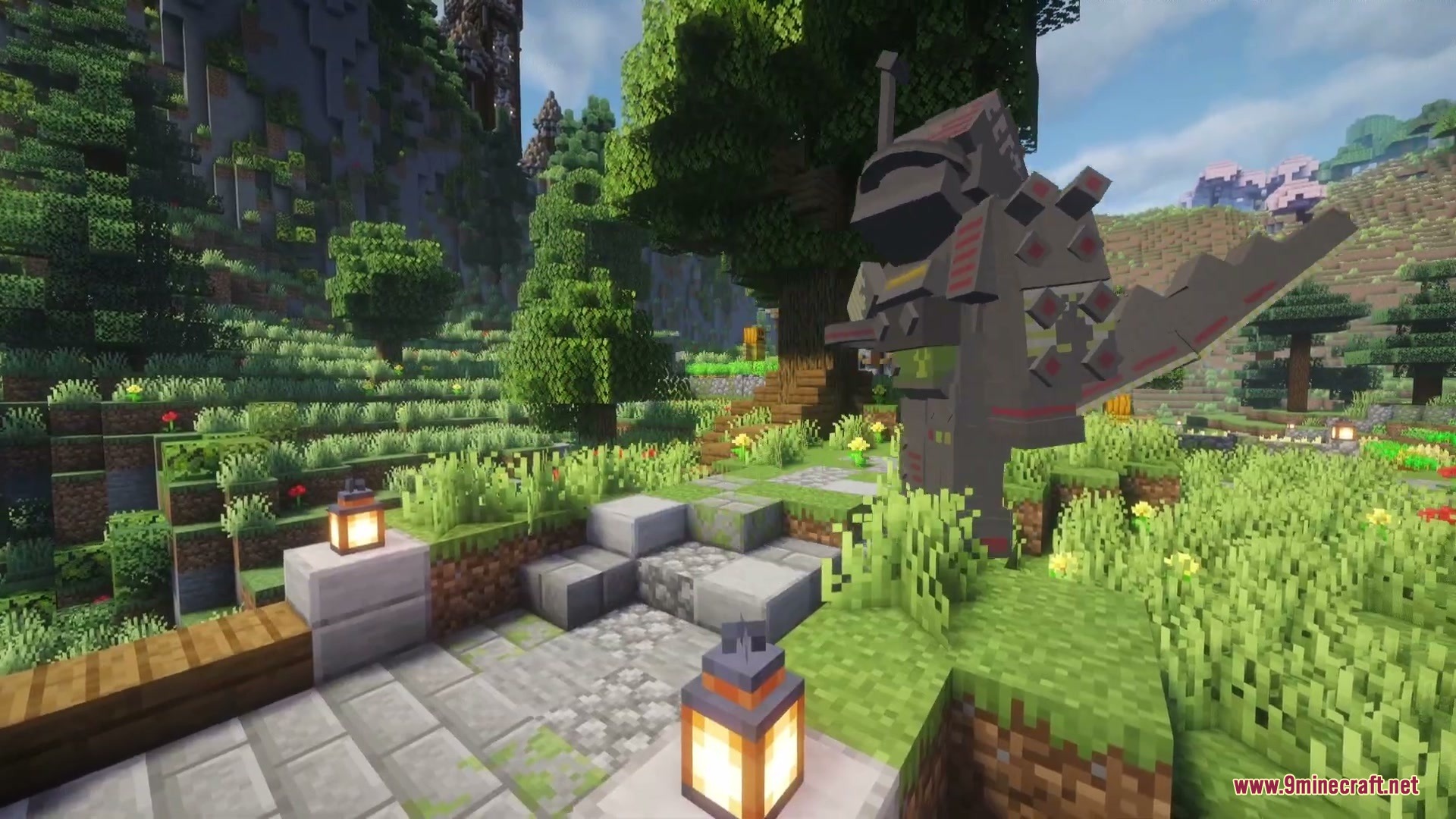 Mecha Pillager Boss Mod (1.20.1) – Battle A Giant Robotic Titan Armed 2 The giant mecha pillager boss stands near a stone path in a forest
