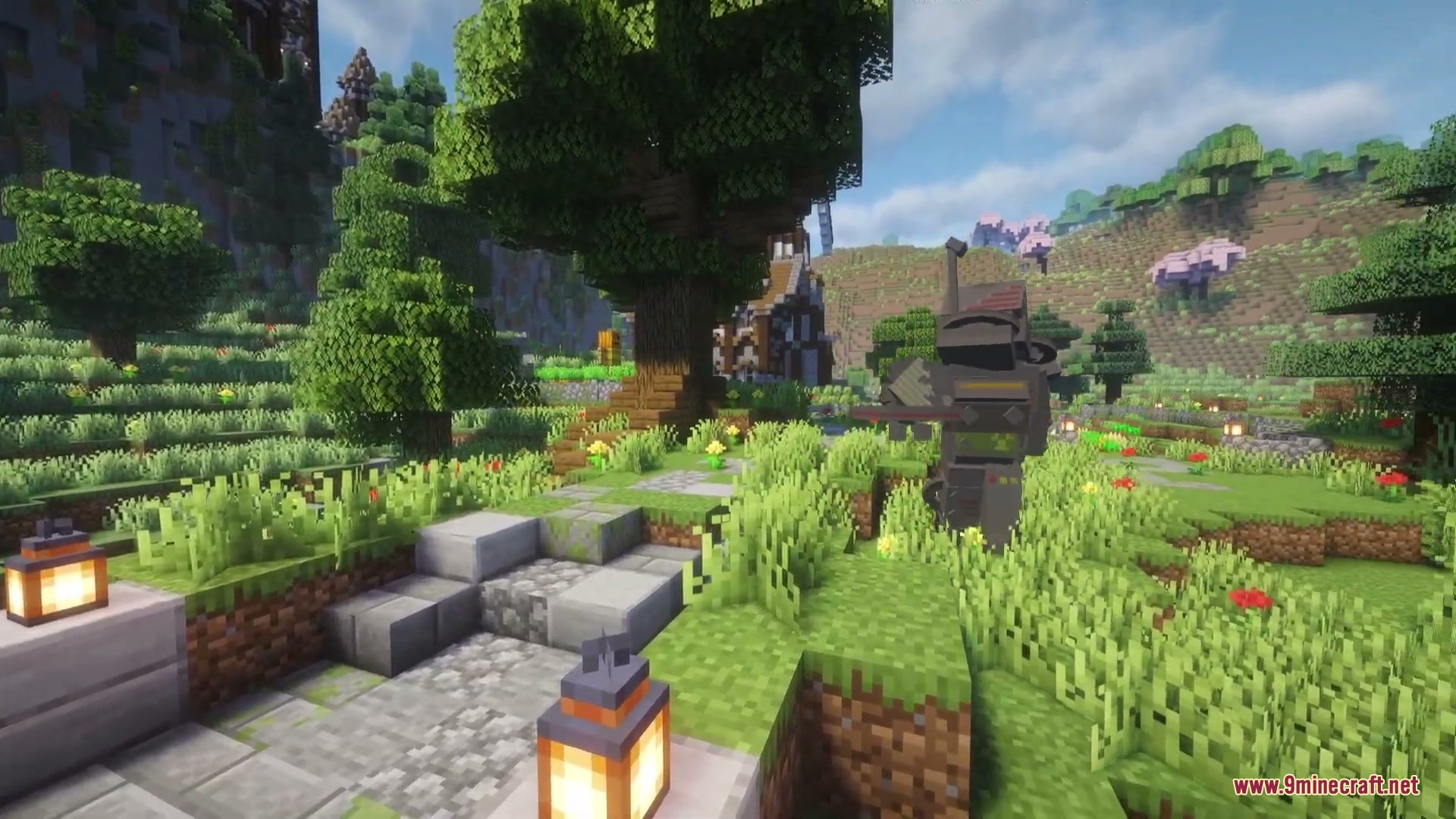 Mecha Pillager Boss Mod (1.20.1) – Battle A Giant Robotic Titan Armed 3 A massive robotic boss stands in a grassy field near a large tree