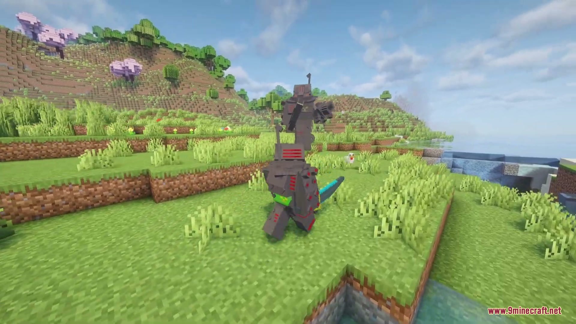 Mecha Pillager Boss Mod (1.20.1) – Battle A Giant Robotic Titan Armed 4 The mecha pillager boss standing in a grassy field with hills