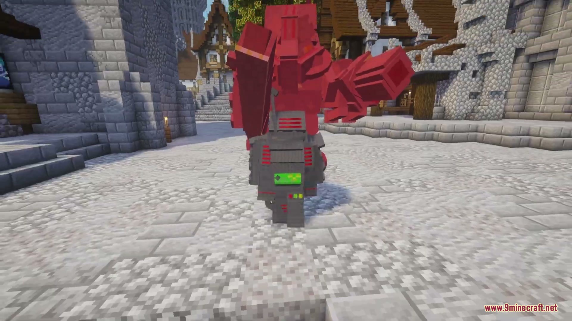 Mecha Pillager Boss Mod (1.20.1) – Battle A Giant Robotic Titan Armed 5 A giant robotic boss glowing red in a stone village square