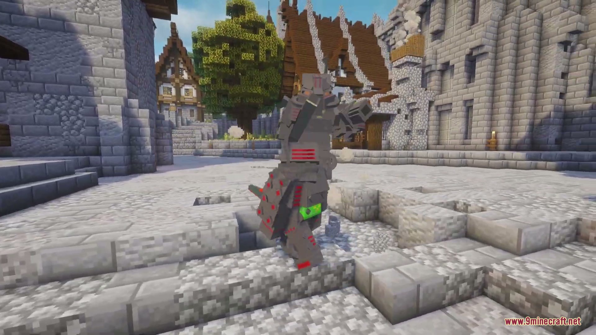 Mecha Pillager Boss Mod (1.20.1) – Battle A Giant Robotic Titan Armed 6 The mecha pillager boss stands ready for combat in a stone courtyard