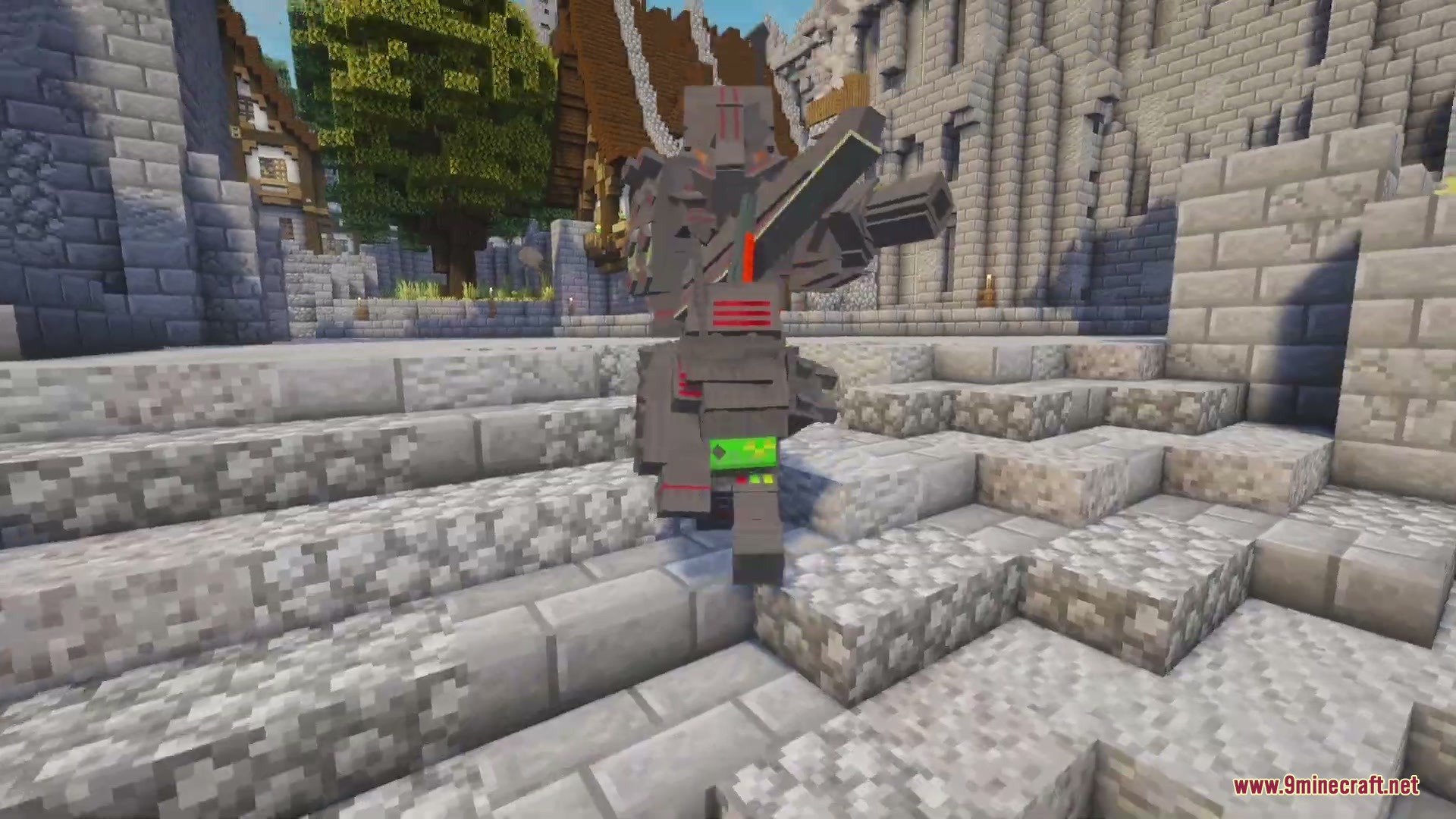 Mecha Pillager Boss Mod (1.20.1) – Battle A Giant Robotic Titan Armed 7 A massive robotic illager boss wielding a large sword in minecraft