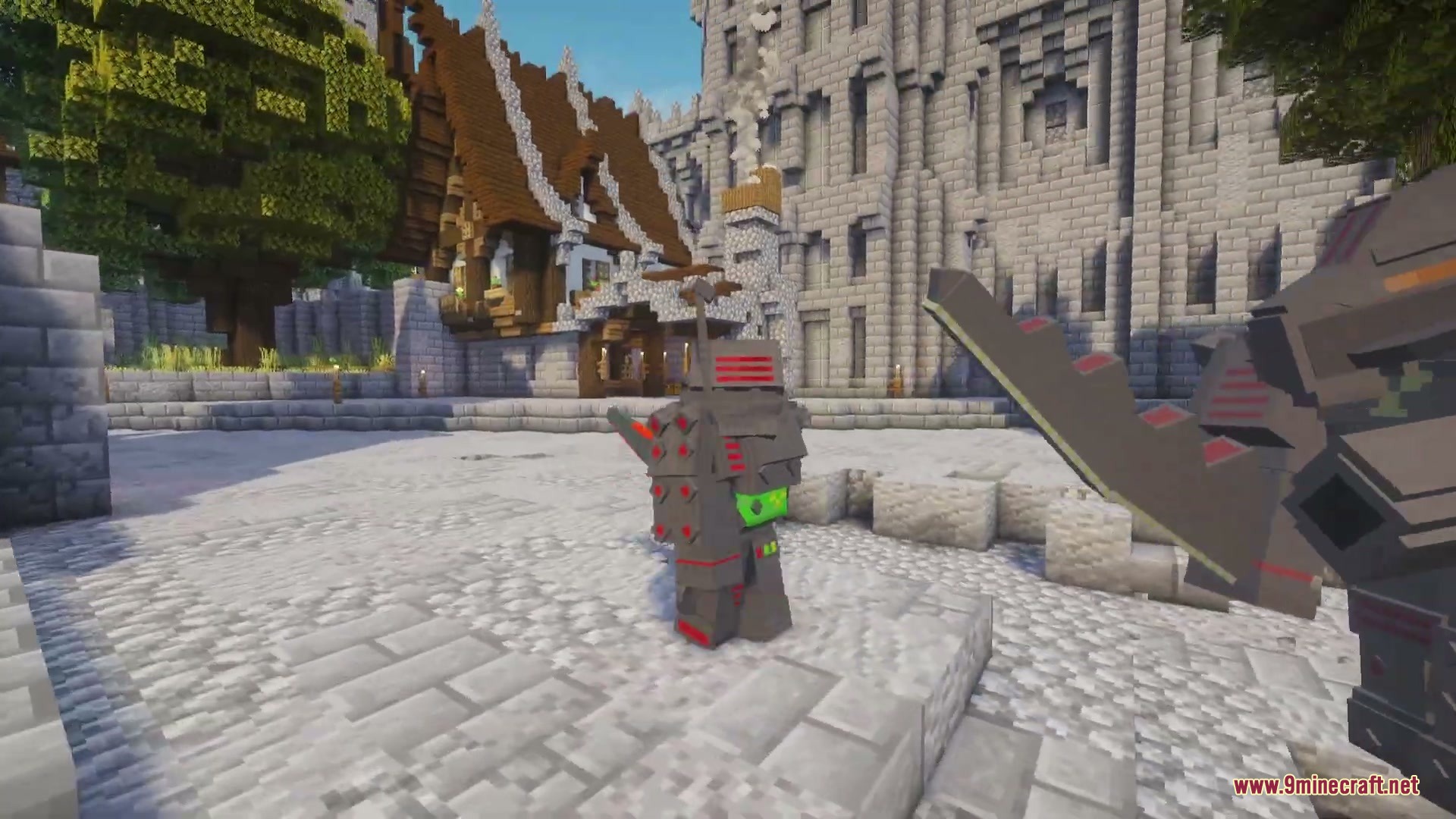 Mecha Pillager Boss Mod (1.20.1) – Battle A Giant Robotic Titan Armed 8 A giant robotic mecha pillager boss stands in a medieval stone courtyard