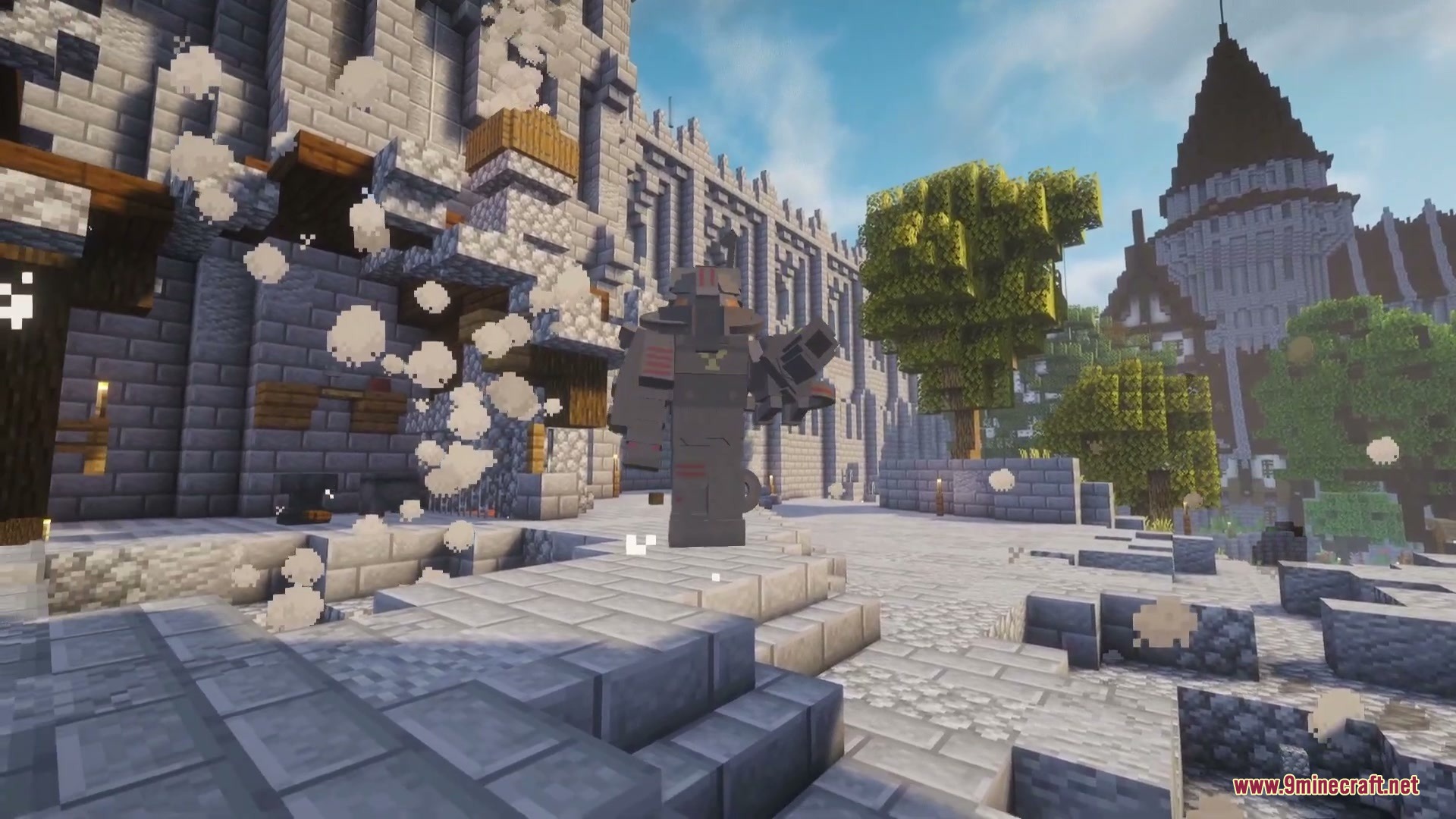 Mecha Pillager Boss Mod (1.20.1) – Battle A Giant Robotic Titan Armed 9 The armored boss stands amidst white smoke particles near a stone castle
