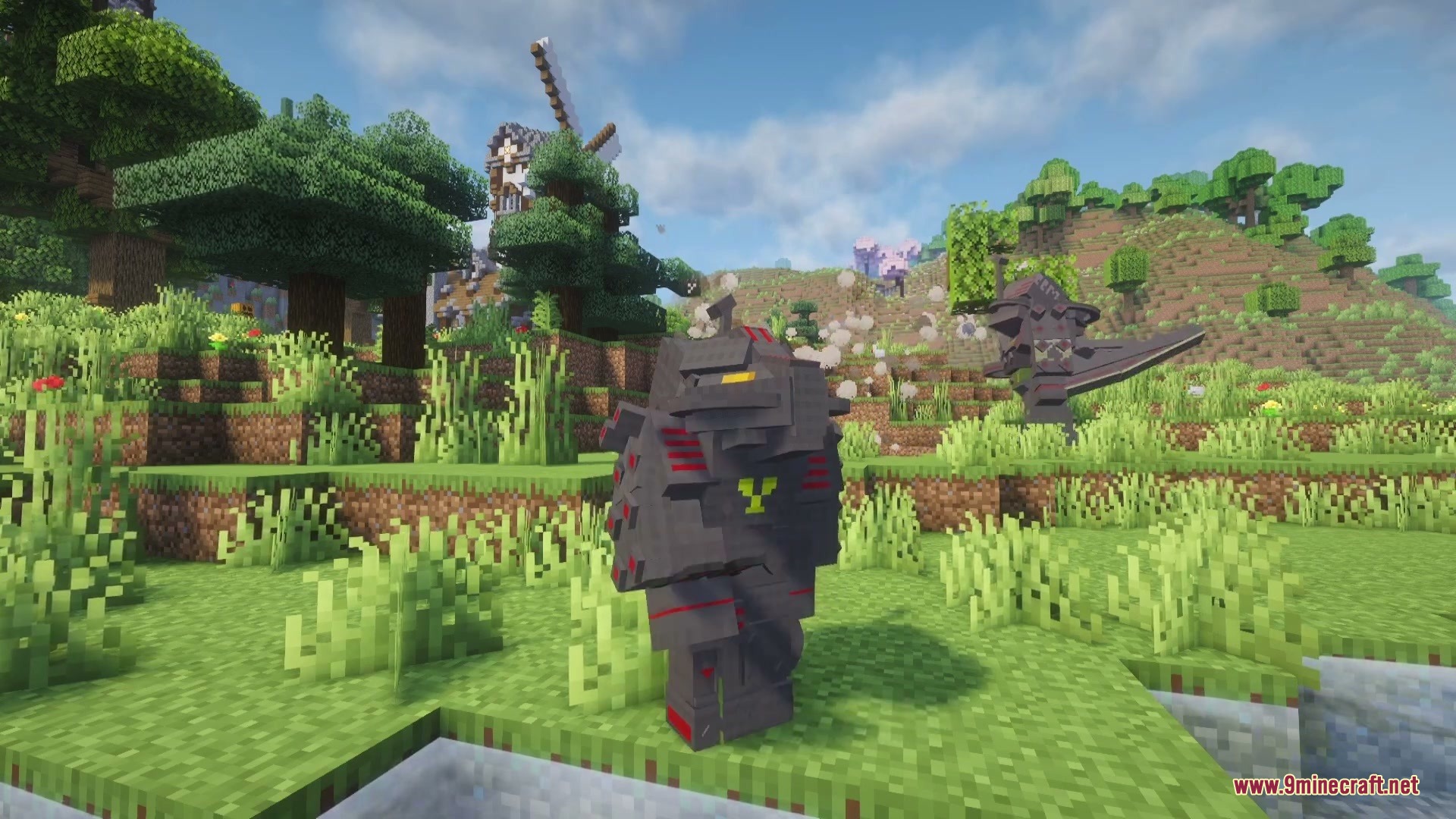 Mecha Pillager Boss Mod (1.20.1) – Battle A Giant Robotic Titan Armed 10 A giant robotic mecha pillager boss standing in a grassy minecraft field