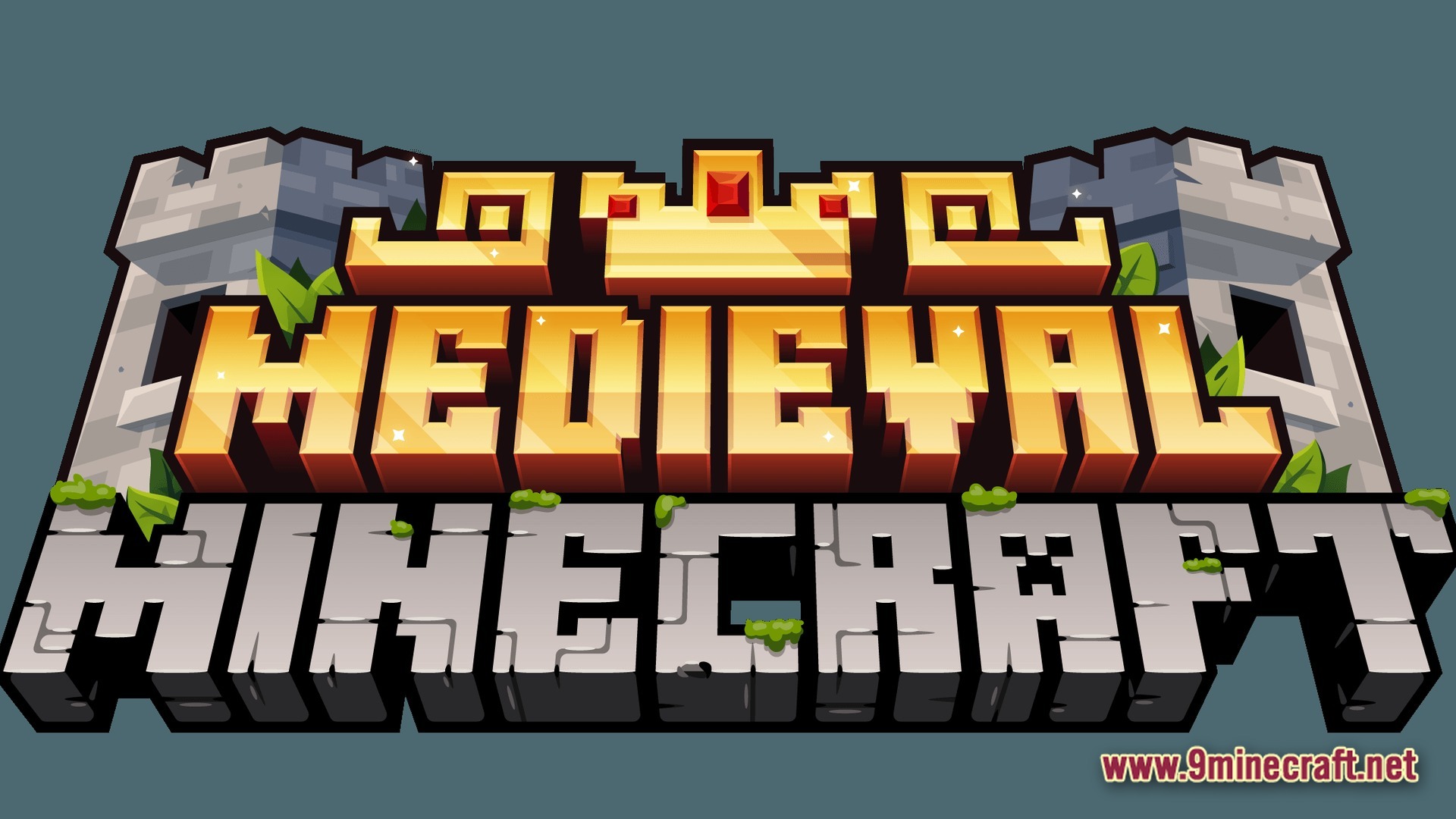 The medieval minecraft modpack logo features stylized gold and stone text with castle towers and crowns