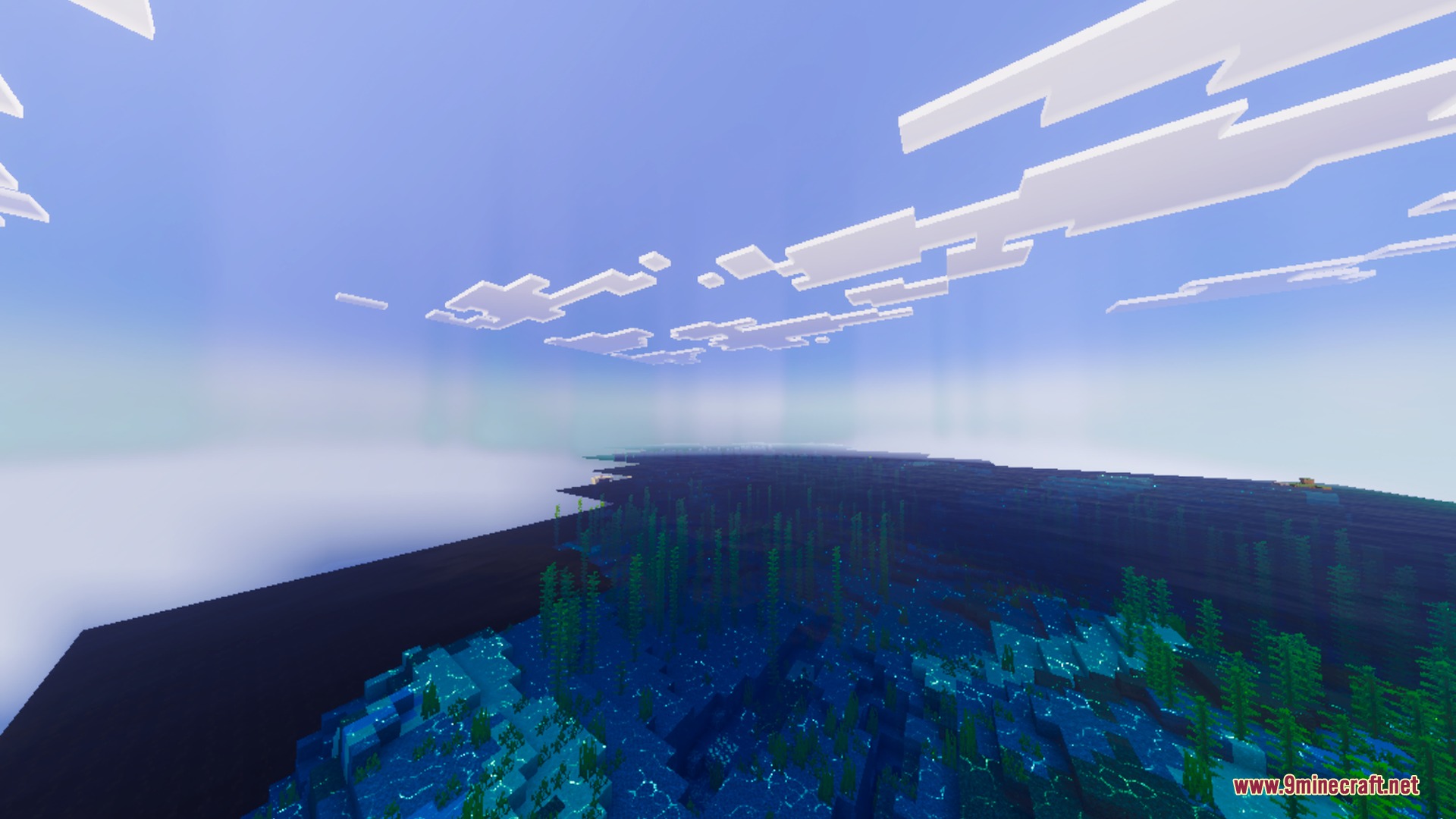 Vibrant light beams illuminate a vast ocean biome with visible underwater kelp plants