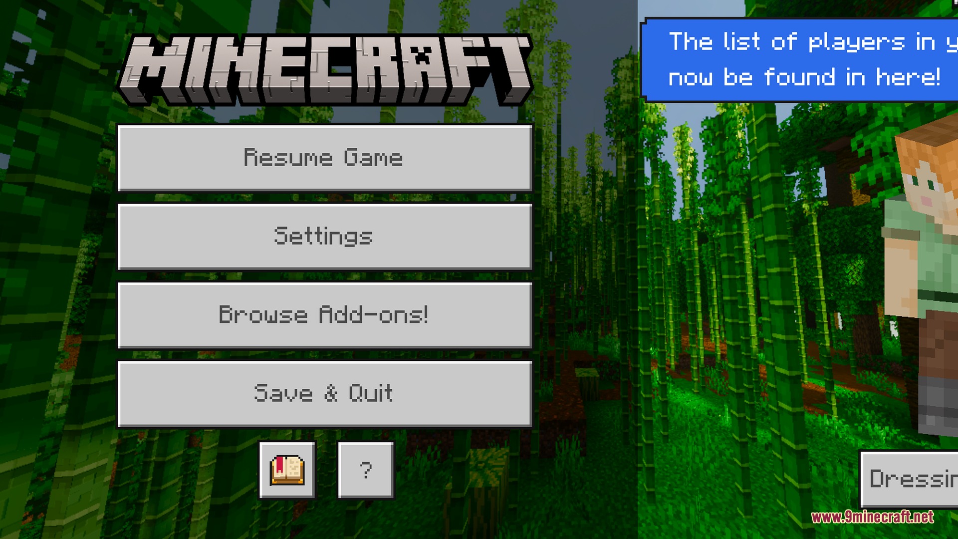 Minecraft pause menu screen showing buttons over a vibrant green bamboo jungle forest