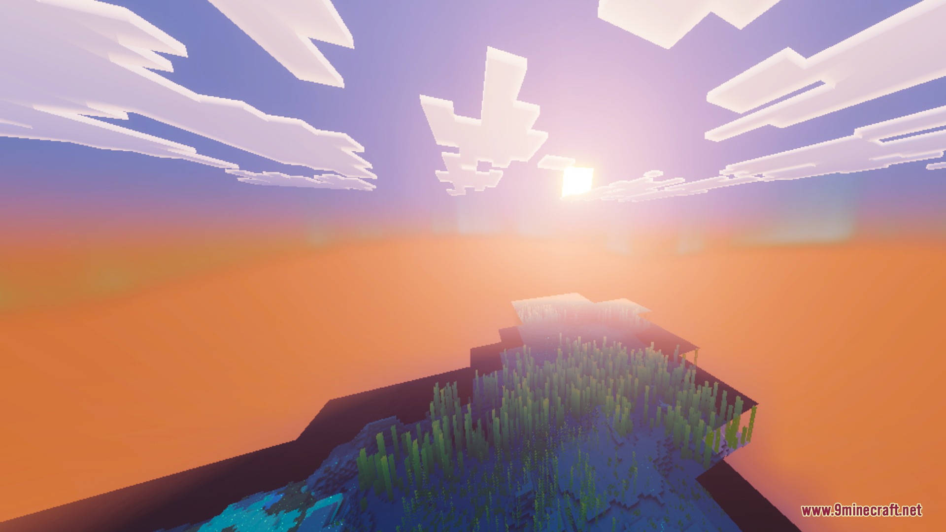 A vibrant sunset over a vast ocean with kelp visible underwater