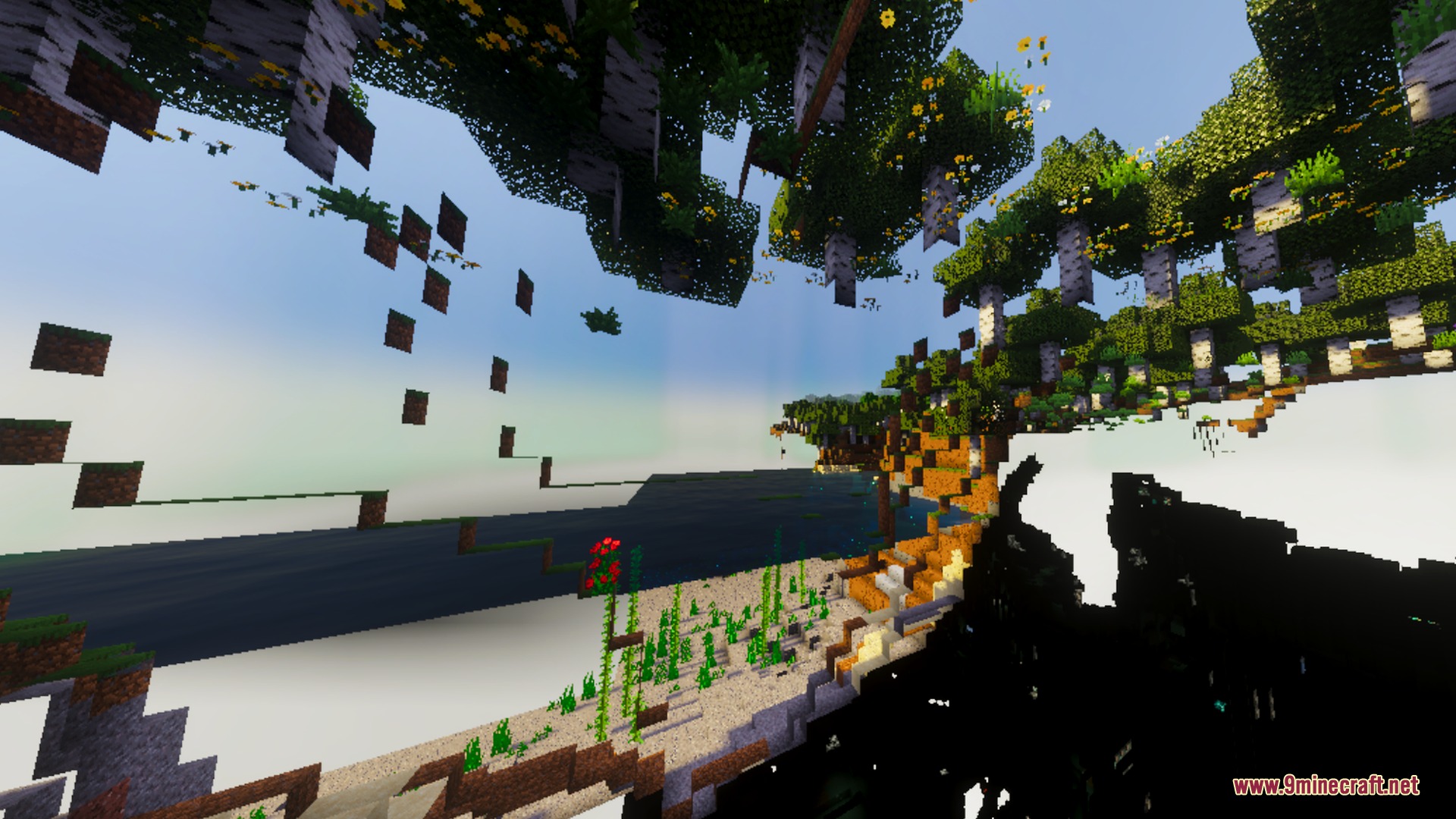 A glitched perspective of a birch forest and sandy beach in minecraft