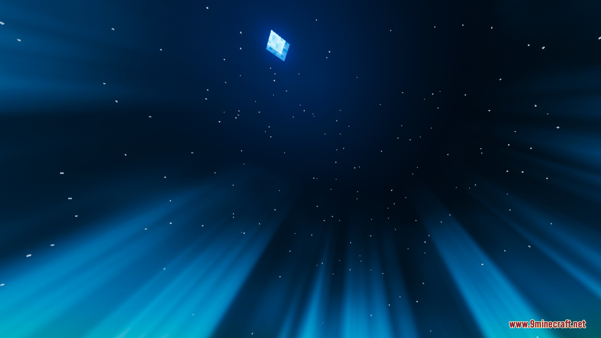 The square moon glows through blue light beams in the starry sky