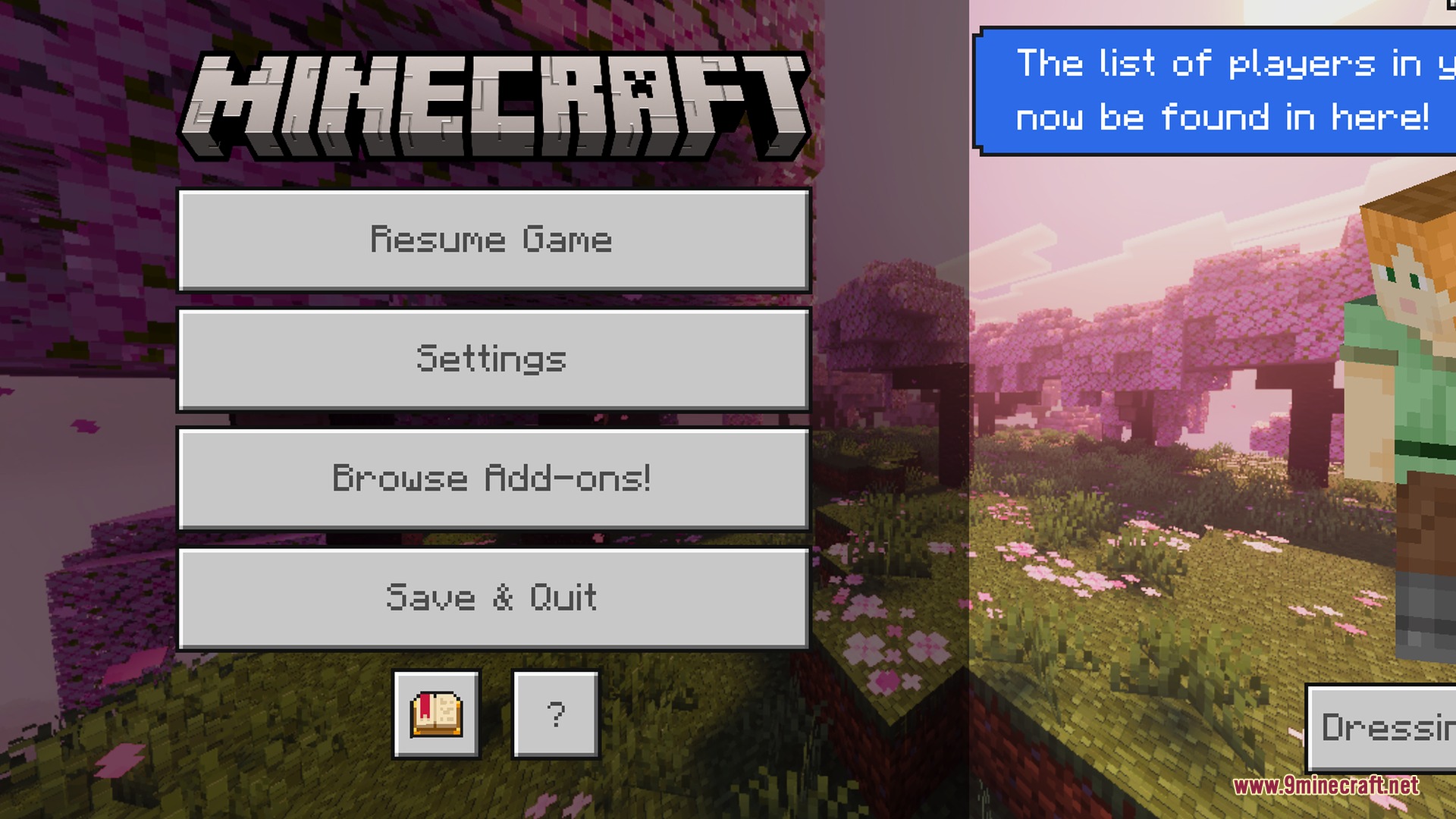 Minecraft pause menu screen showing a beautiful pink cherry blossom forest background