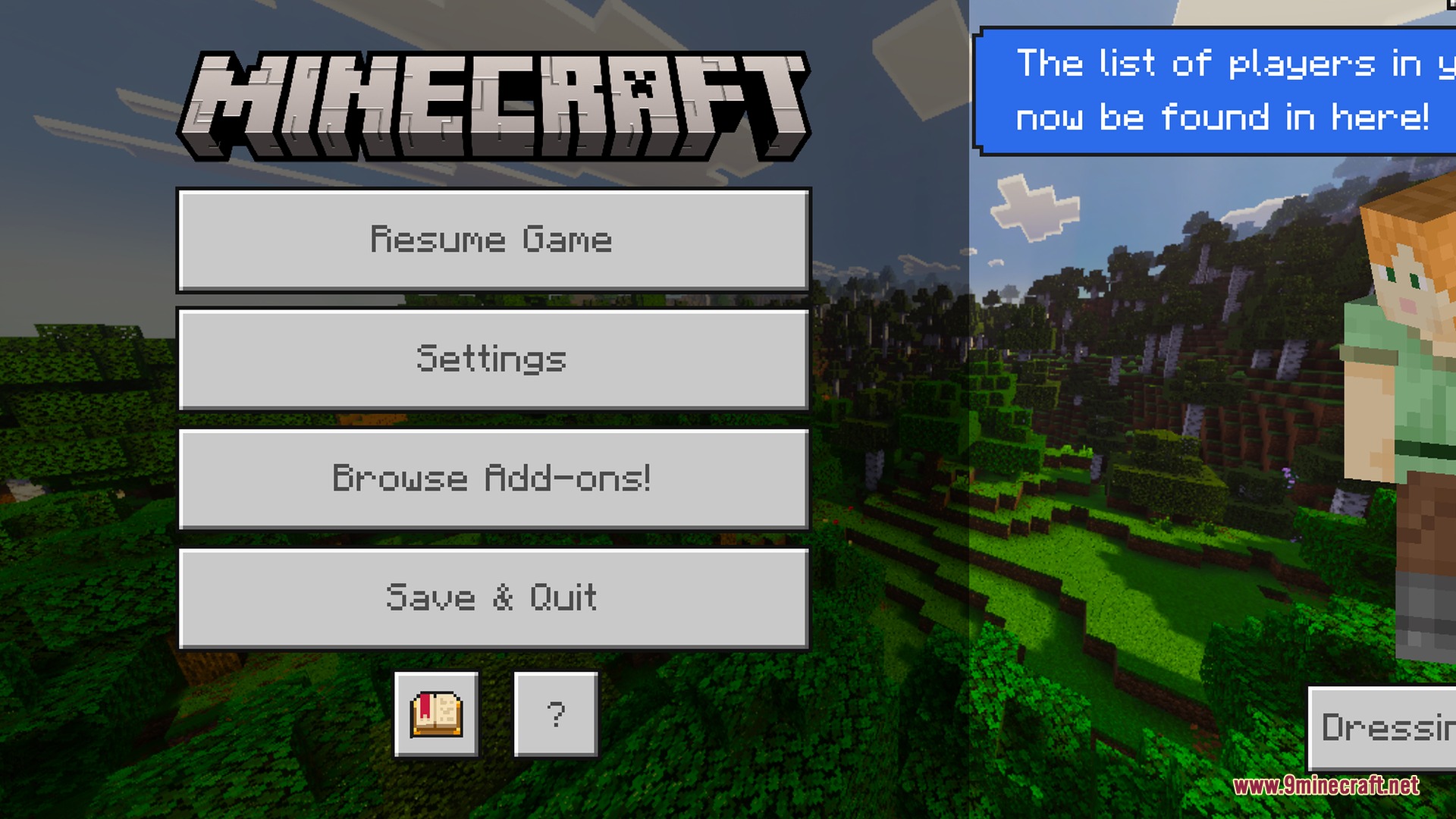Minecraft pause menu screen showing a lush green forest landscape with shaders