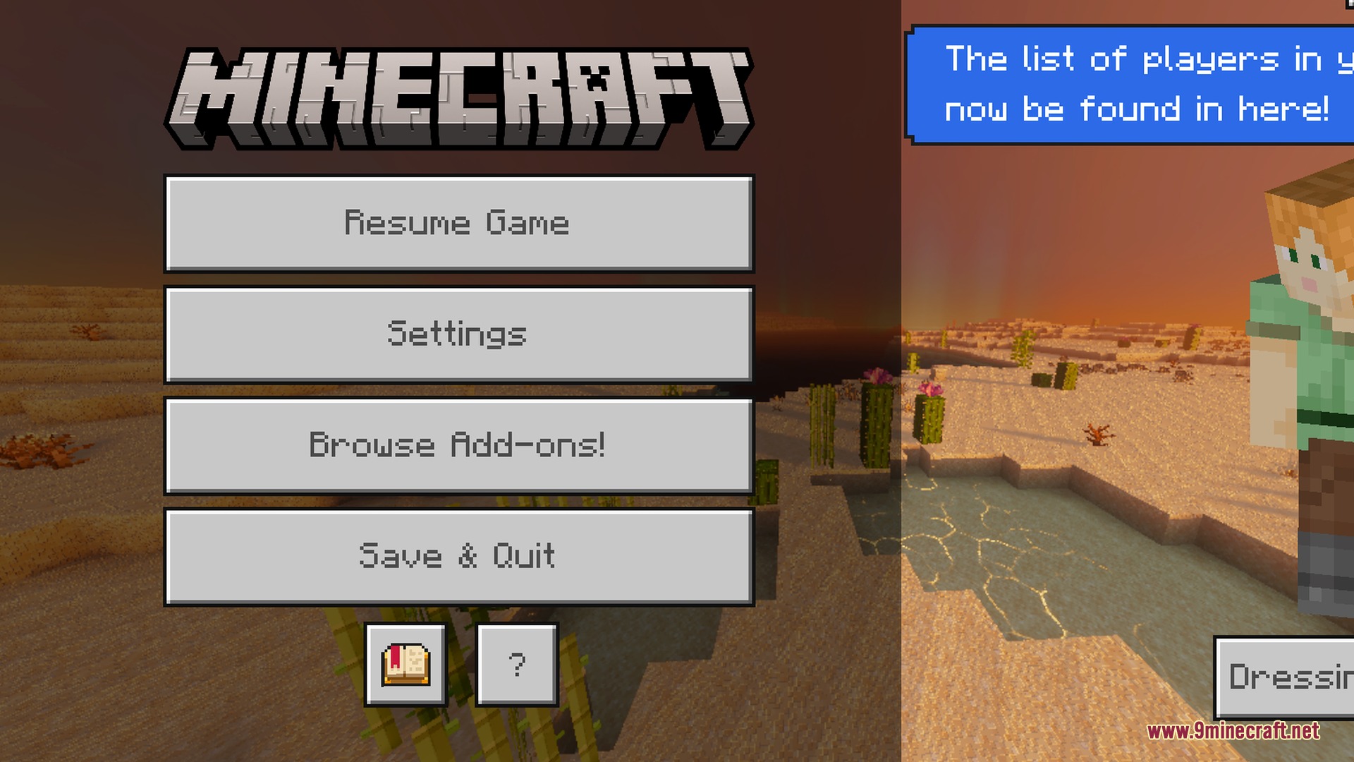 Minecraft pause menu screen showing buttons over a desert biome at golden hour