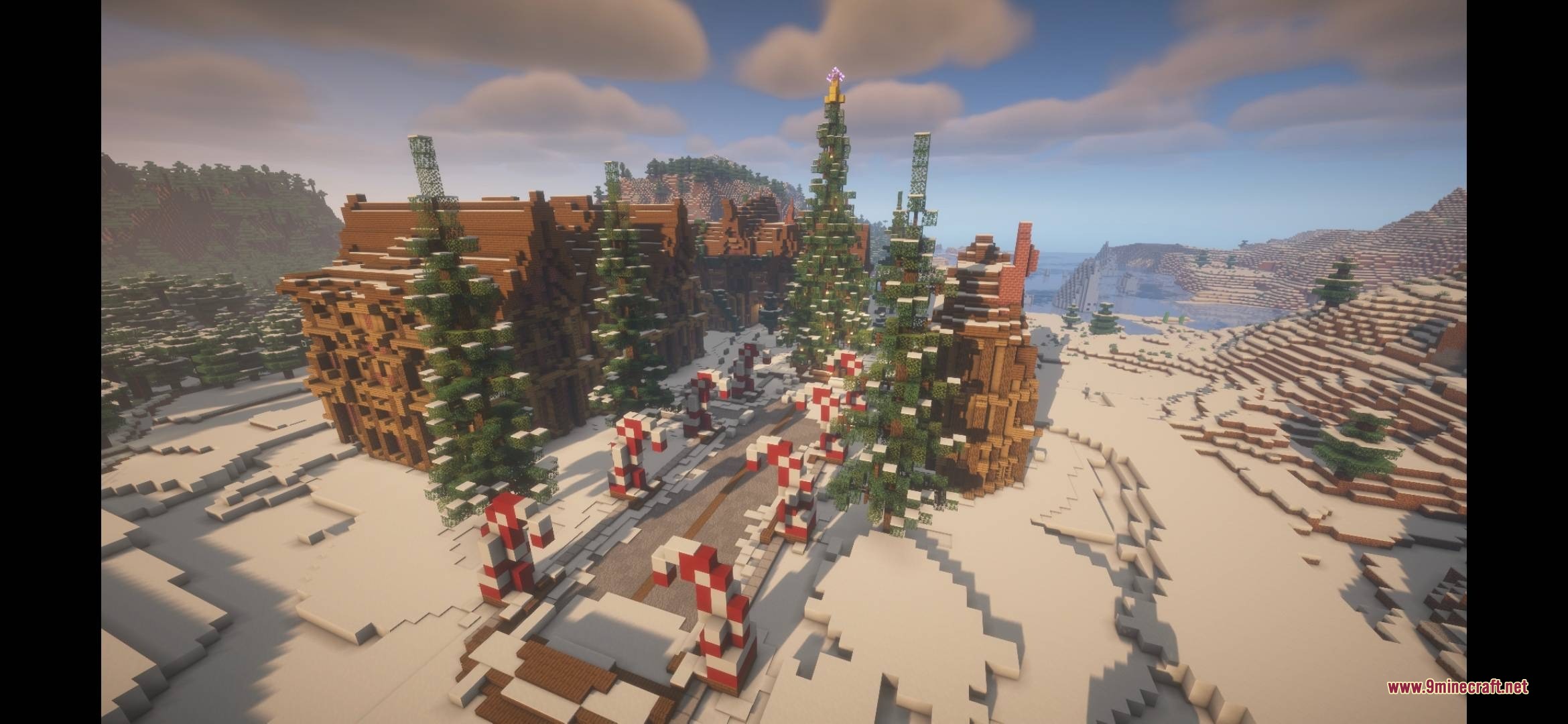 Moog’s Seasonal Expansion A Moogmas Miracle Data Pack (26.1.2, 1.21.1) 2 Aerial view of a festive winter village with giant candy canes and trees