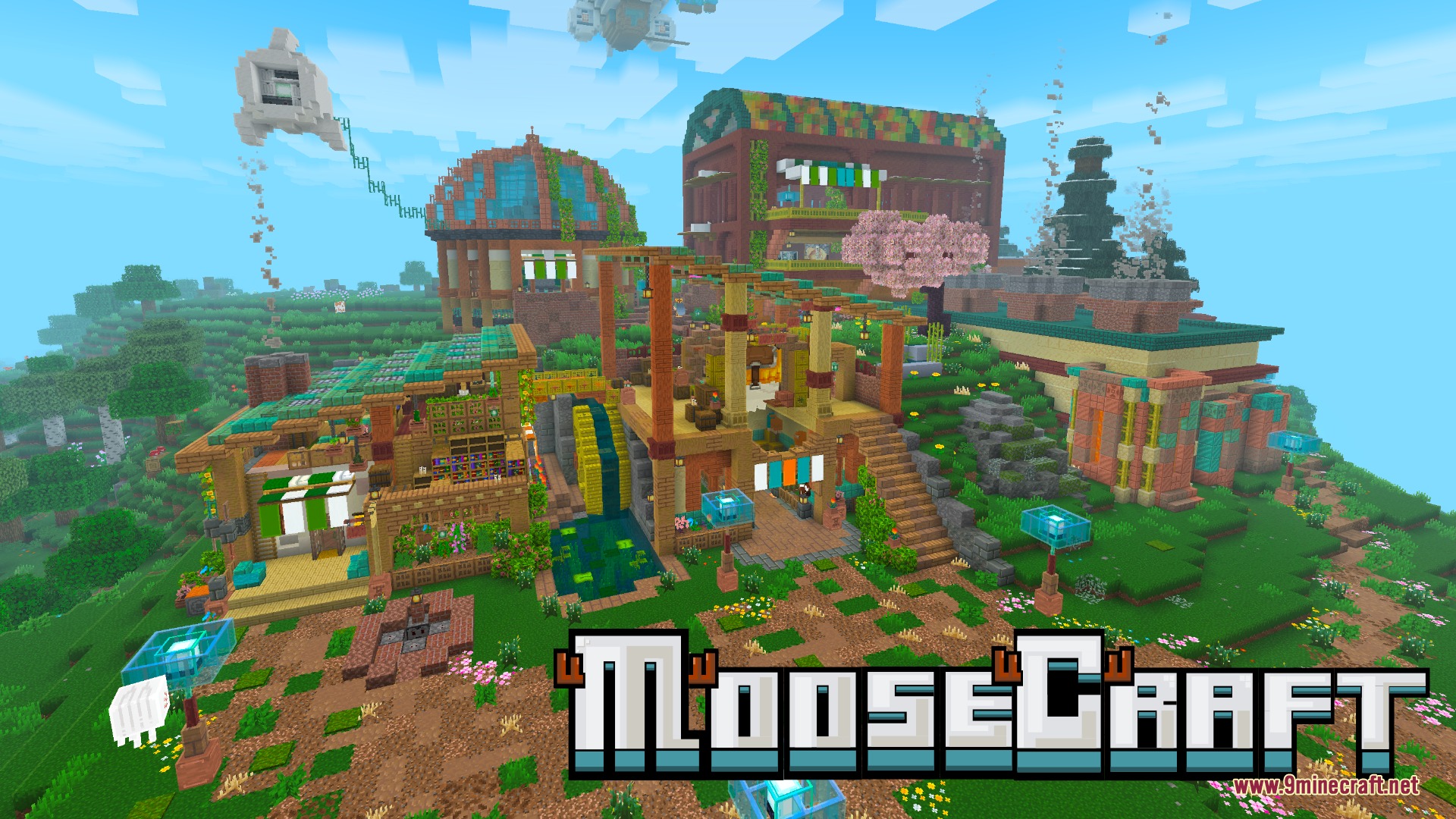 A vibrant minecraft village showcasing the clean and artistic moosecraft resource pack textures