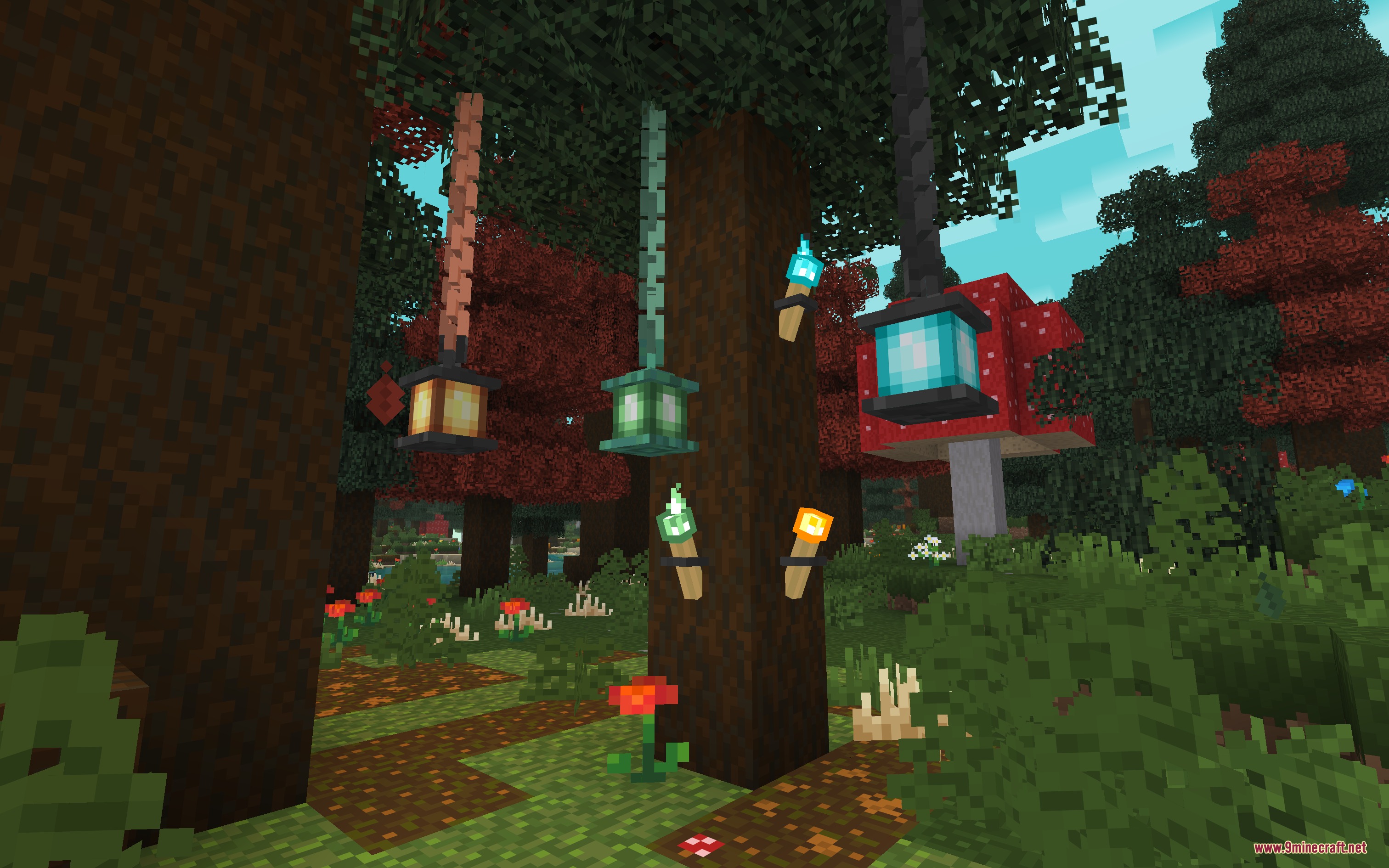 Custom lanterns and torches with detailed models hanging from trees in a forest