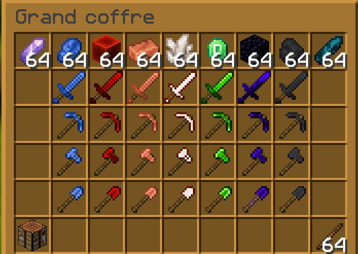 Chest interface showing various colored swords and tools crafted from different ores
