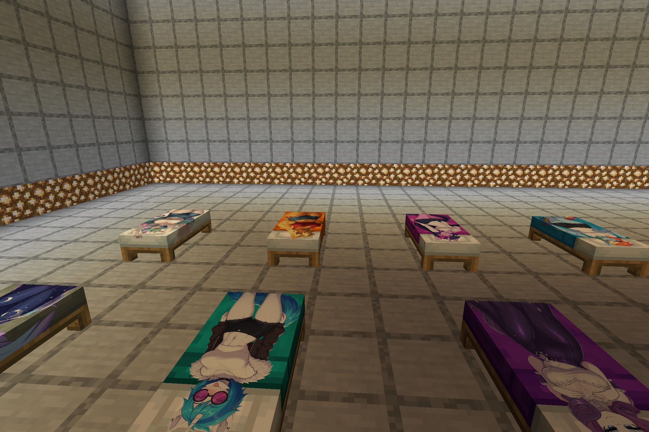 Perspective view of minecraft beds with custom pony girl character art textures