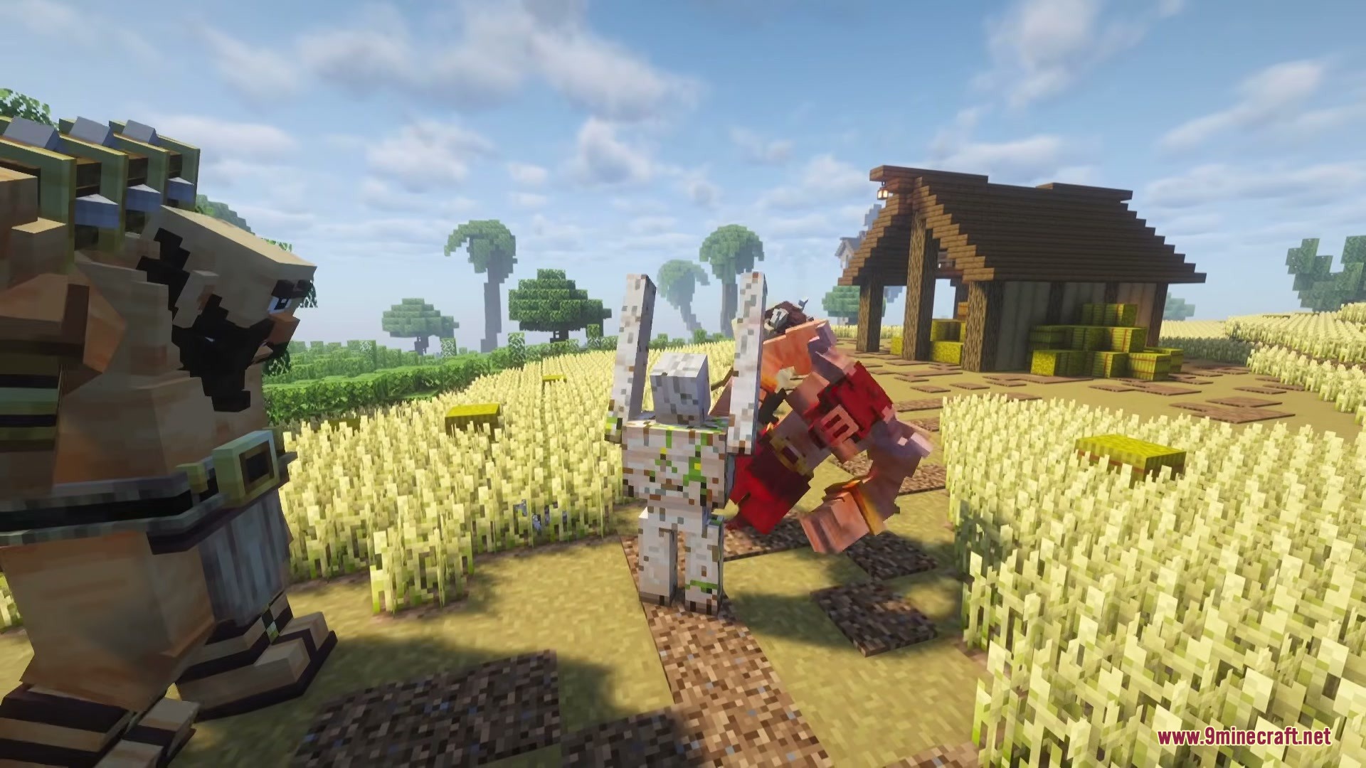 Mythika Creatures Of Greek Myth Mod (1.21.1) – Battle Ancient Greek 11 Iron golem fighting a minotaur while a cyclops watches in a wheat field