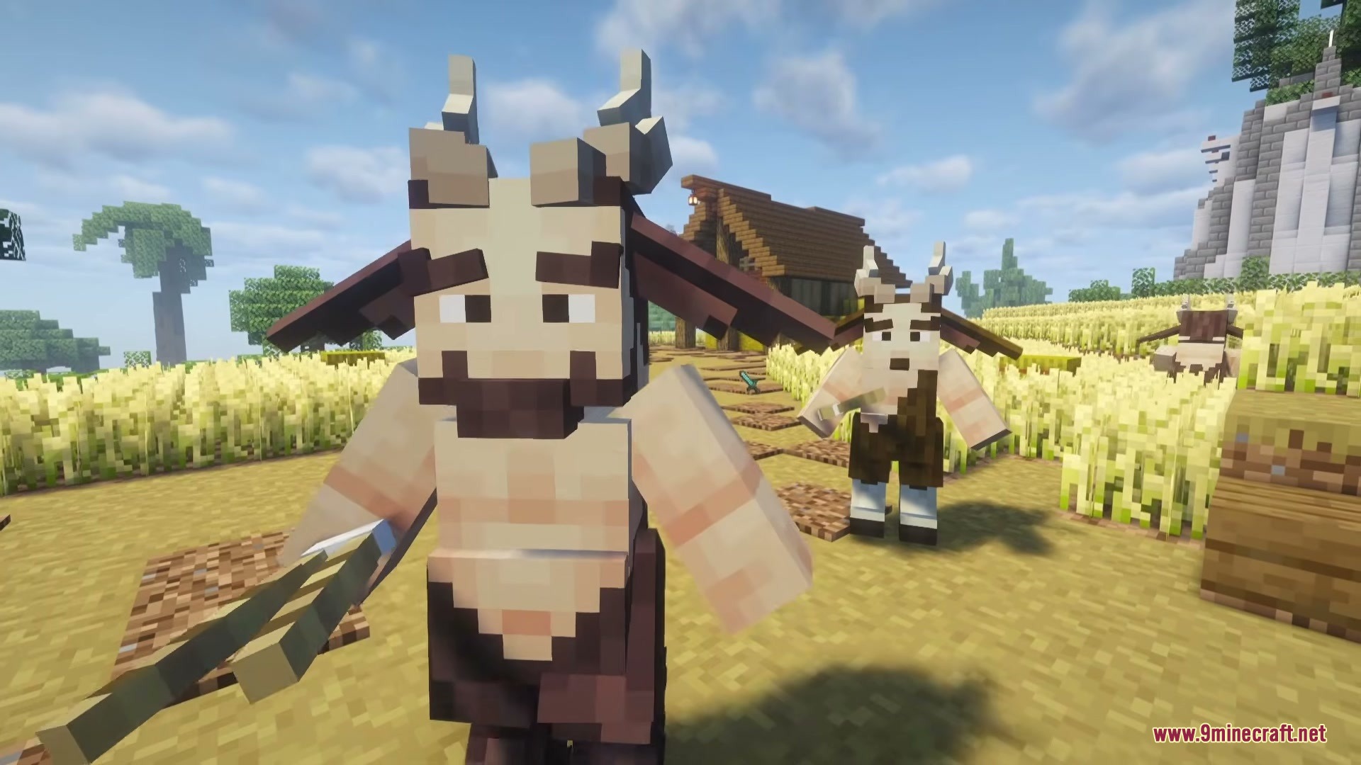 Two satyrs wander through a golden wheat field near a small wooden house