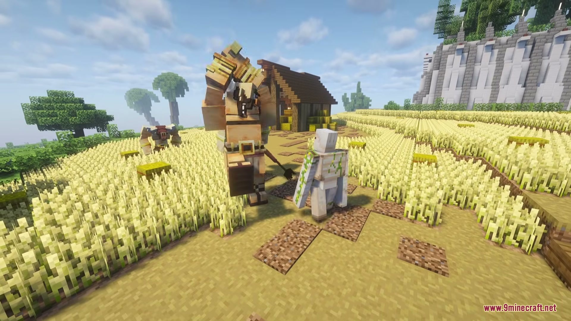 A giant minotaur attacks an iron golem in a large wheat field