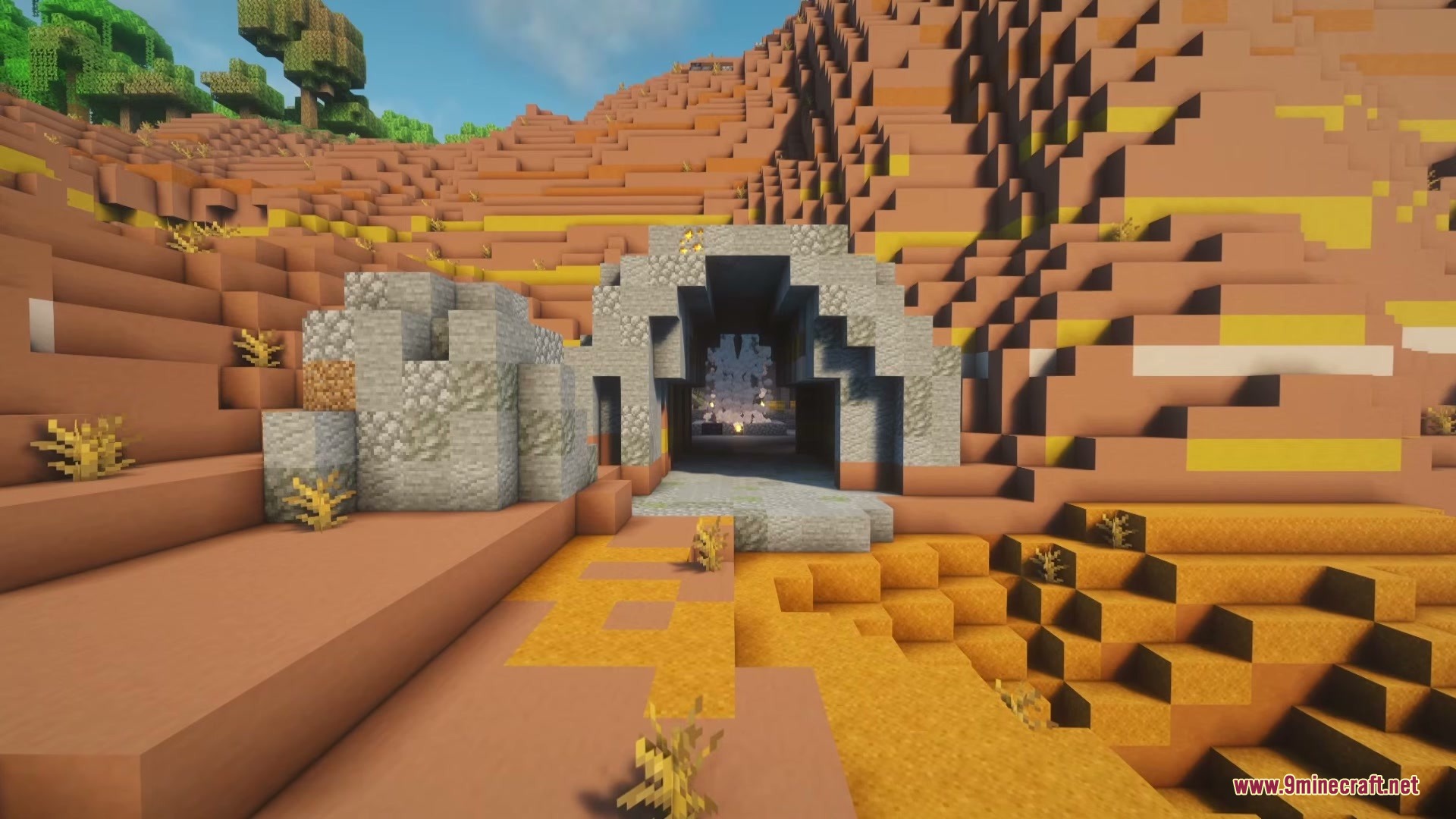 Mythika Creatures Of Greek Myth Mod (1.21.1) – Battle Ancient Greek 8 The stone entrance of a cyclops cave built into a mesa mountain