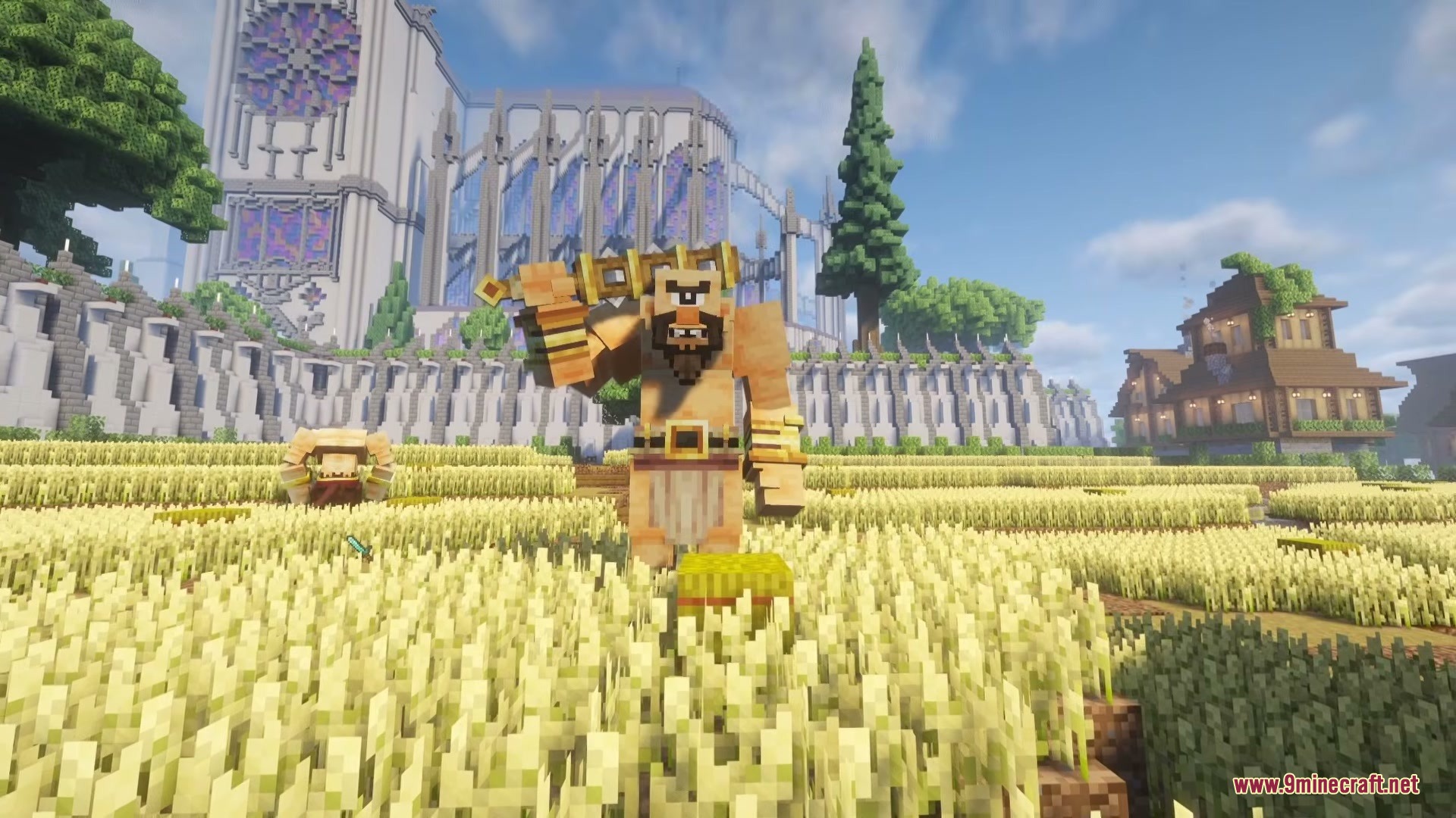 Mythika Creatures Of Greek Myth Mod (1.21.1) – Battle Ancient Greek 10 A giant cyclops standing in a golden wheat field near a large cathedral