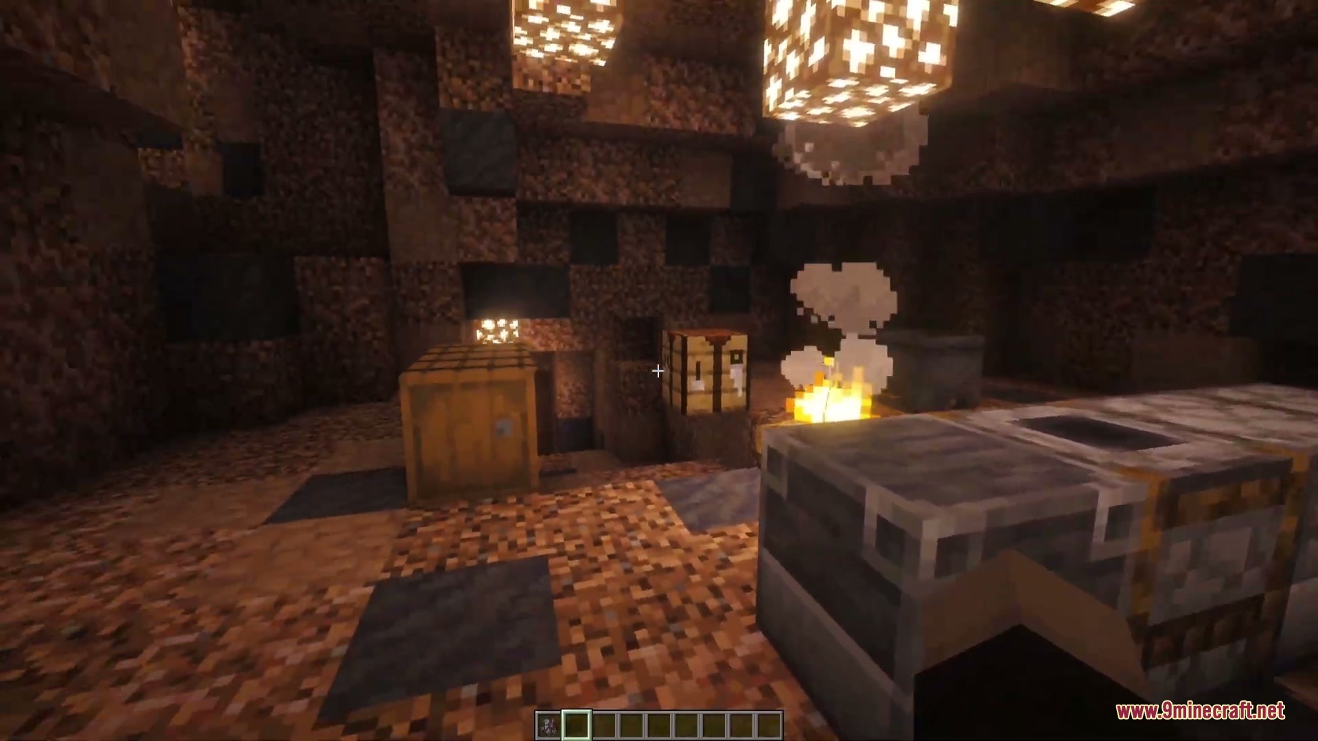 Nen Quest Chronicles Mod (1.21.1) – Forge Custom Nen Powers To Defeat Chimera 2 Dark underground cave featuring a crafting table and a warm campfire