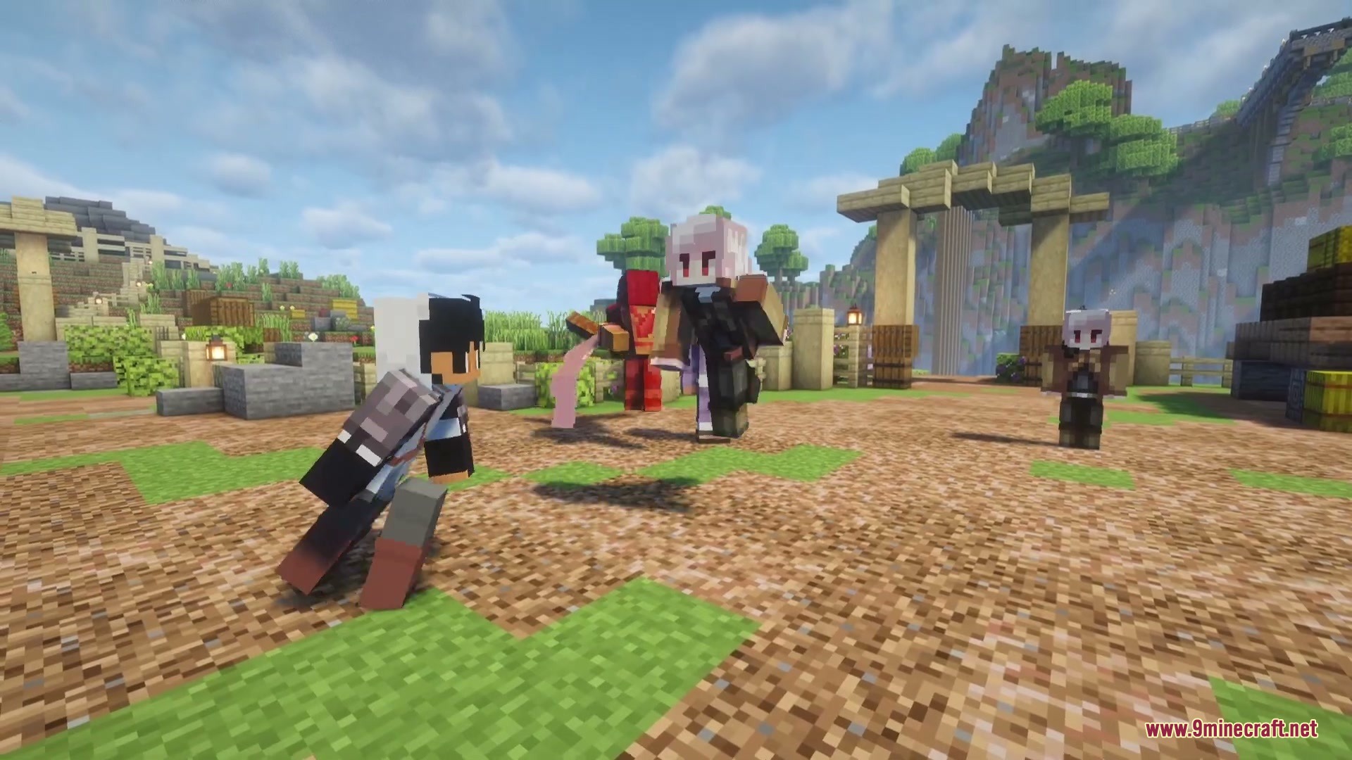 Nen Quest Chronicles Mod (1.21.1) – Forge Custom Nen Powers To Defeat Chimera 3 Players with unique capes standing in a sunny outdoor village setting