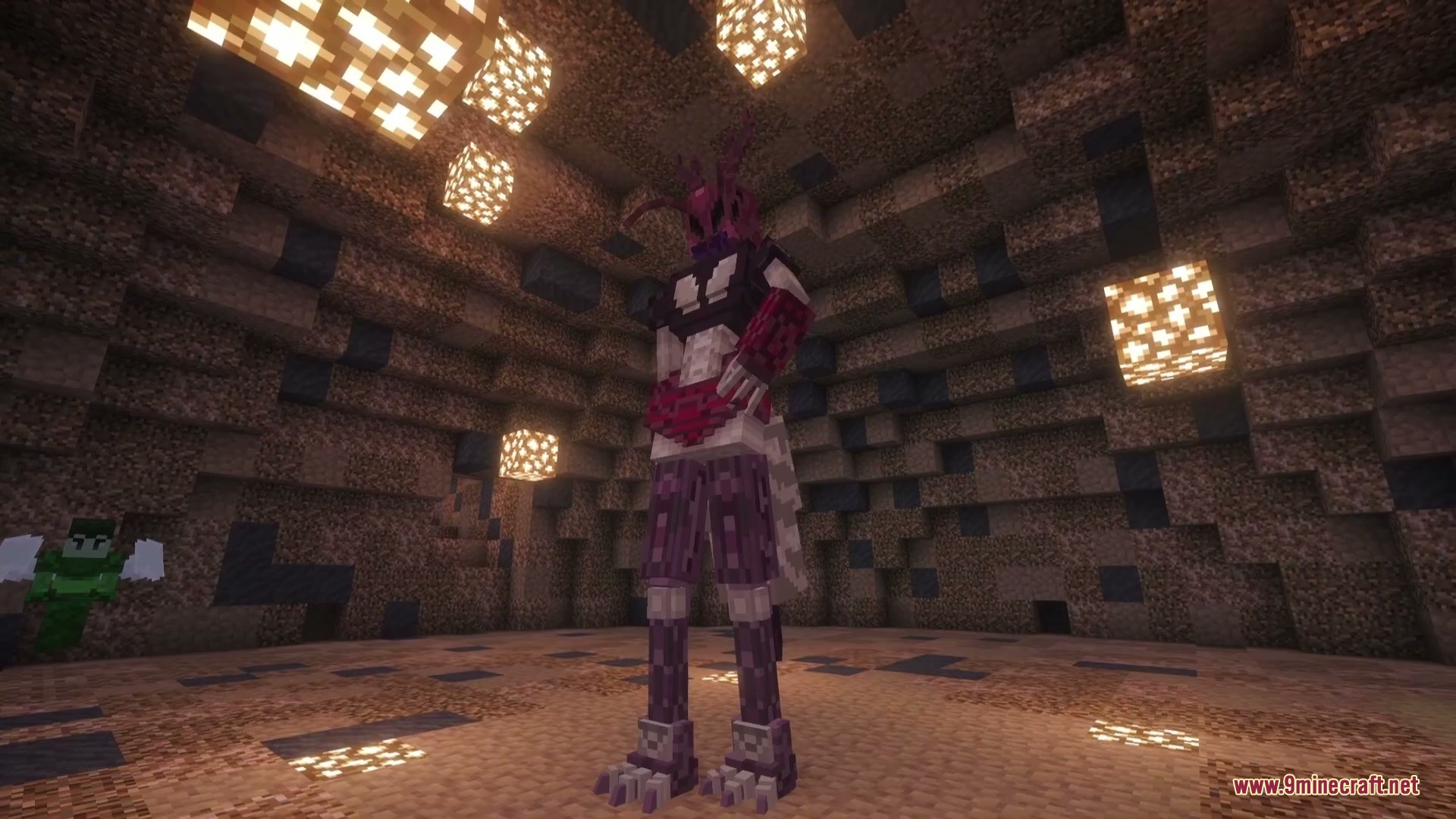 Nen Quest Chronicles Mod (1.21.1) – Forge Custom Nen Powers To Defeat Chimera 4 Tall purple creature stands in a stone room lit by glowstone blocks