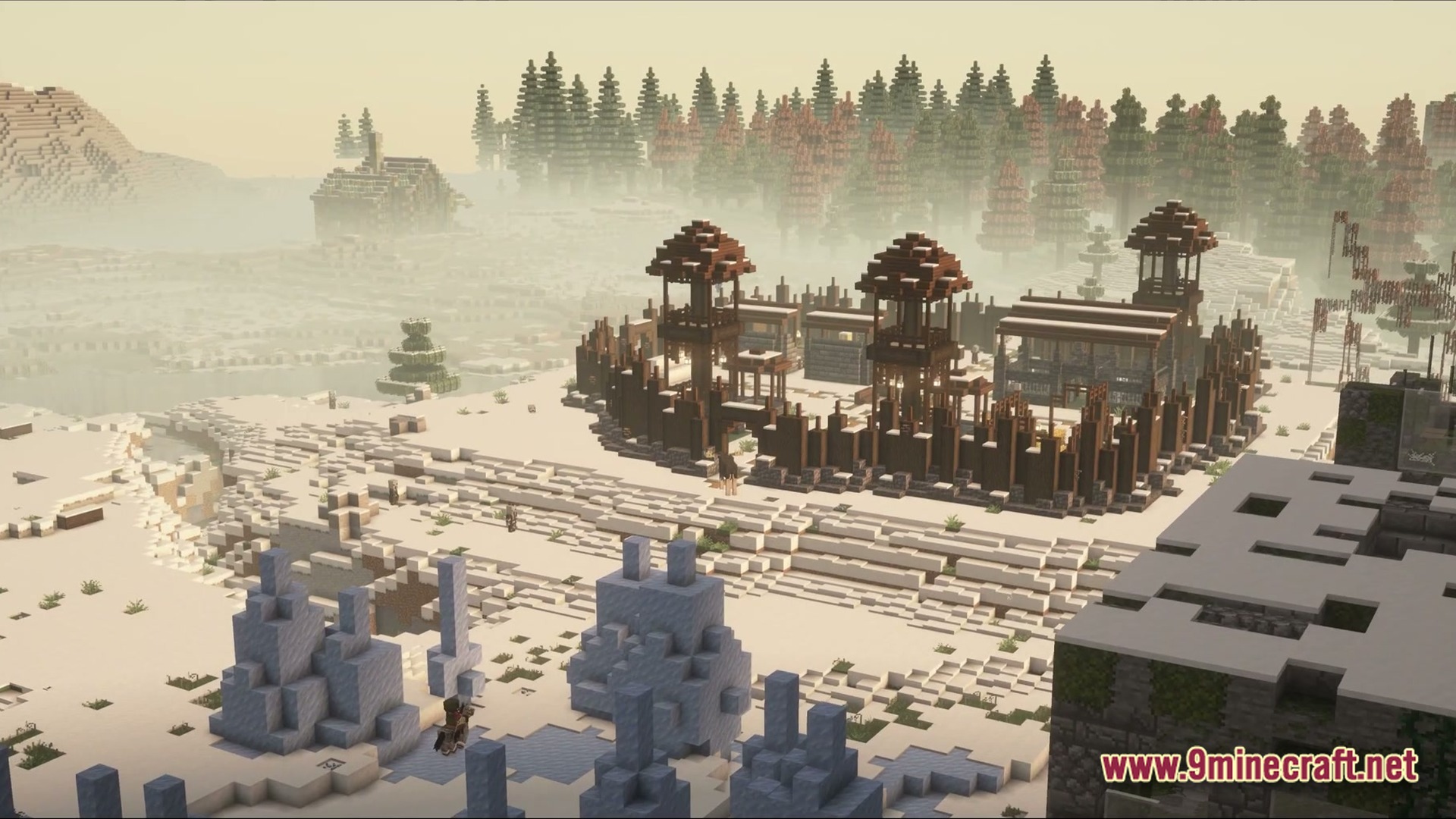 Neon Protocol Breach Modpack (1.20.1) – Futuristic City Zombie Survival 2 A fortified wooden outpost stands within a snowy tundra biome under a thick, hazy atmosphere