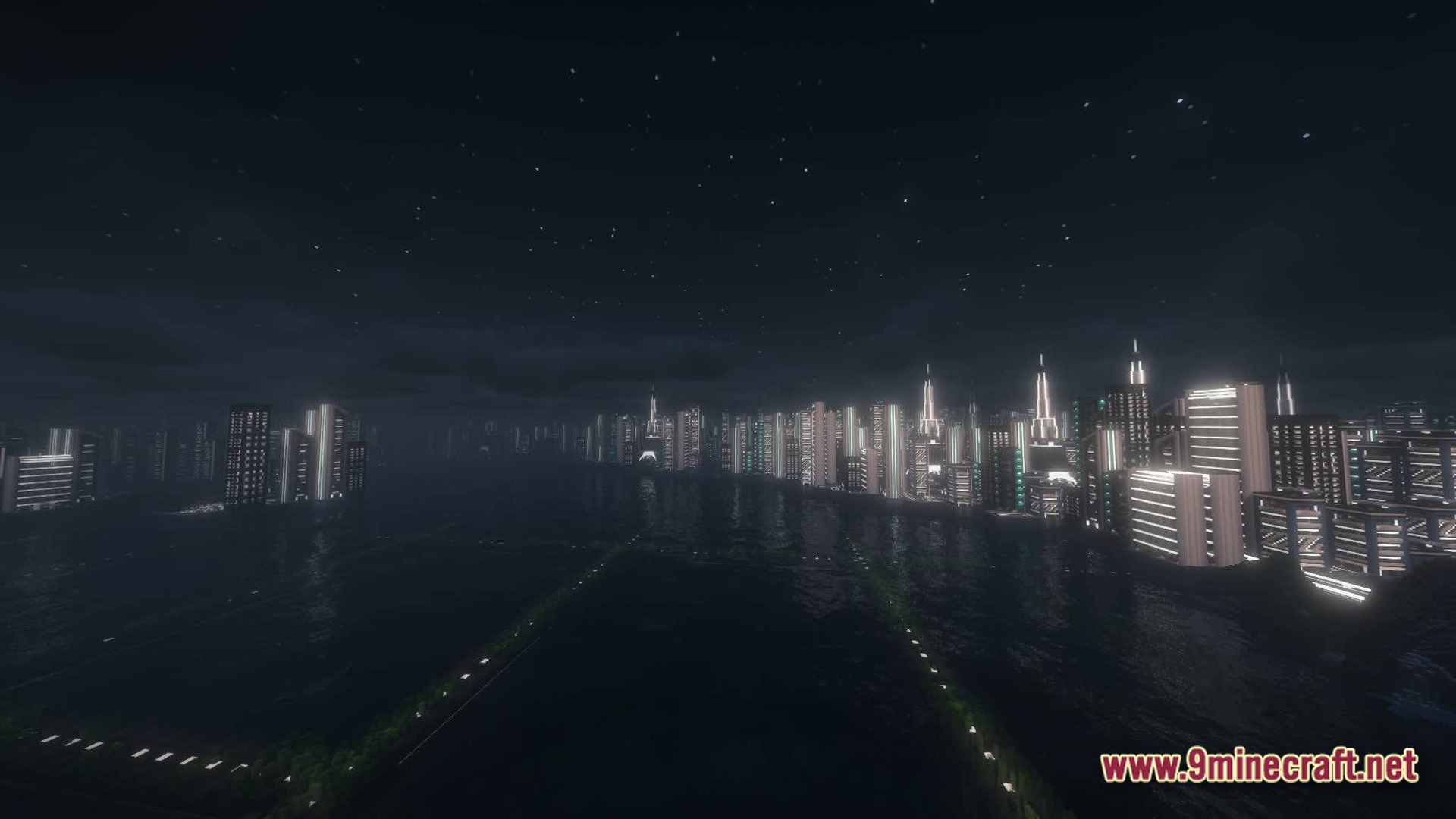 Neon Protocol Breach Modpack (1.20.1) – Futuristic City Zombie Survival 11 A futuristic cyberpunk city skyline with illuminated skyscrapers reflecting across a dark body of water