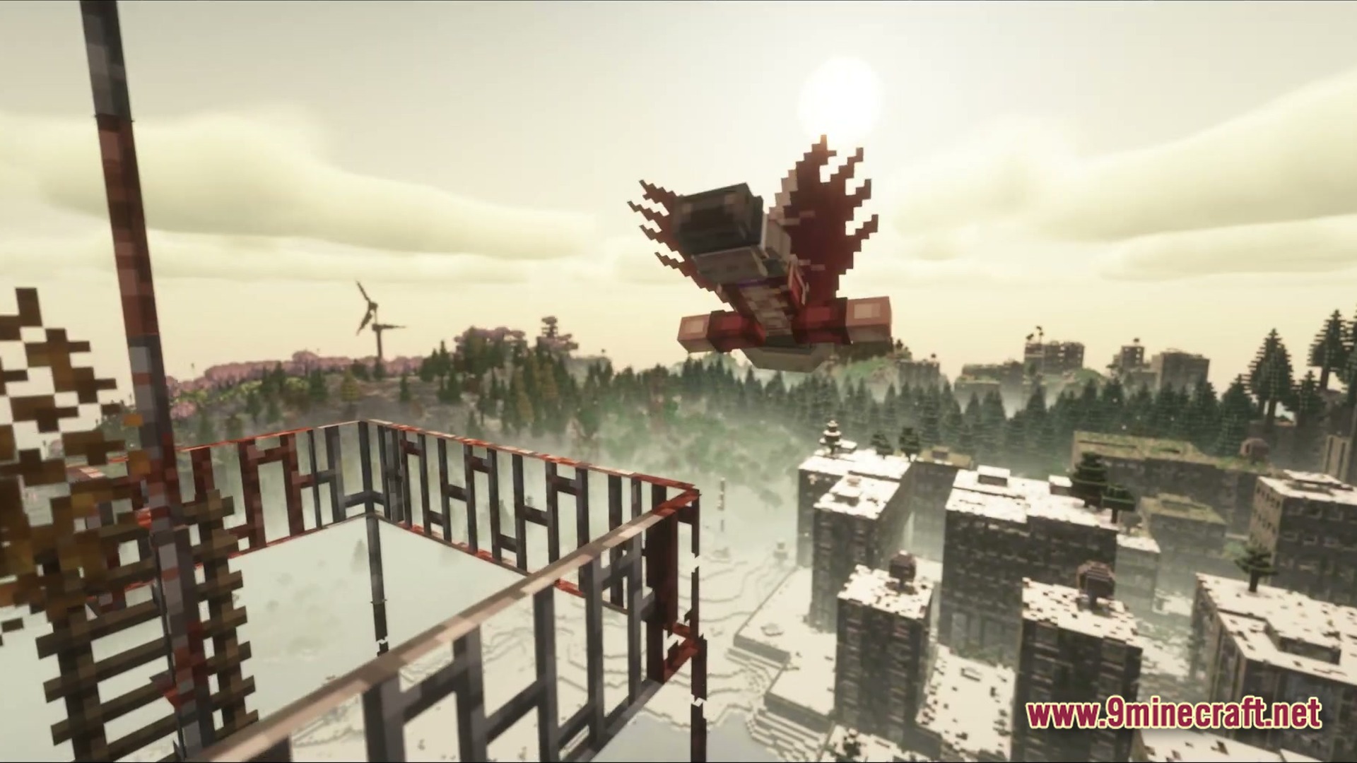 Neon Protocol Breach Modpack (1.20.1) – Futuristic City Zombie Survival 3 A player flies over a snowy abandoned city with a red mechanical glider during the day